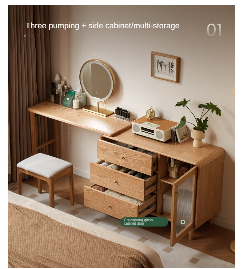 Solid Oak Retractable Vanity Dressing Table with Mirror - Perfect for Bedroom, Bathroom & Small Space Makeup Organization