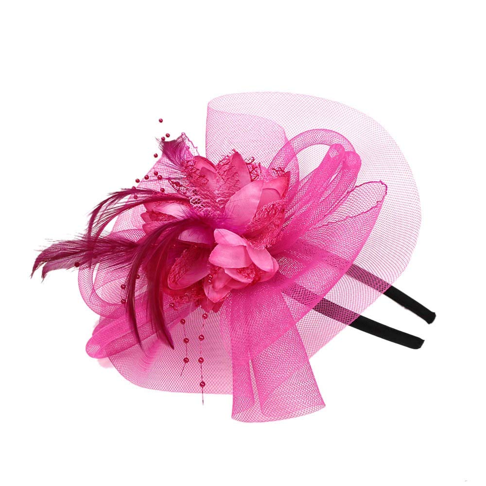 FIN86 Winter Fashion Hats for Men & Women - Elegant Wedding Mesh Fascinator with Penny Ribbons & Feathers in Hot Pink | Perfect for Parties, Weddings & Special Occasions