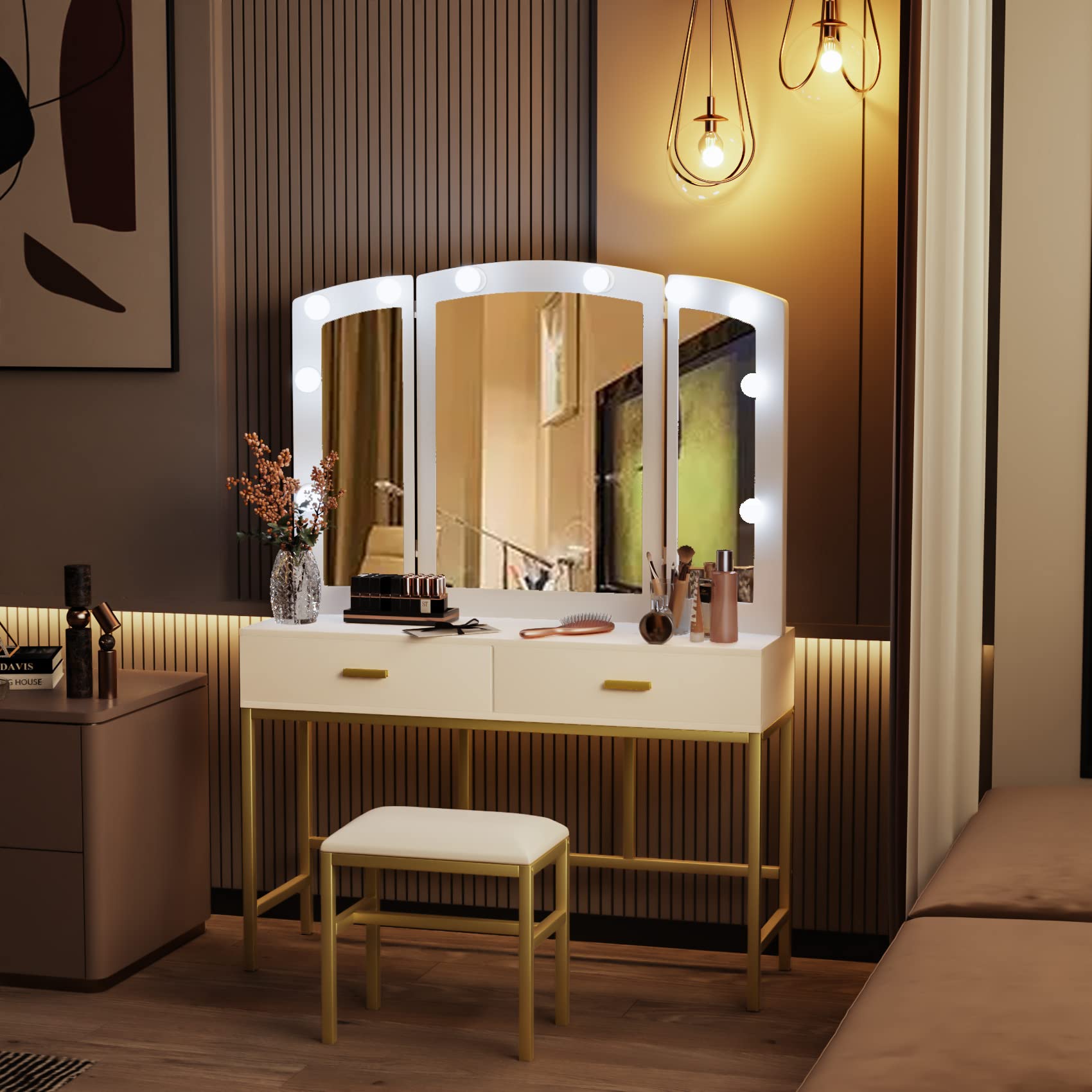 Semiocthome White Makeup Vanity Desk Set with LED Lights, Mirror, 2 Drawers & Stool - 10-LED Dressing Table for Girls Bedroom, Perfect for Makeup Application & Beauty Routine Organization