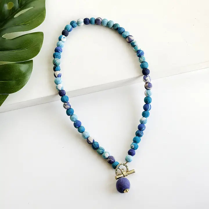 Handmade Kantha Azure Blue Toggle Necklace - Boho Chic Jewelry for Women, Perfect for Casual Wear, Layering & Gift Giving