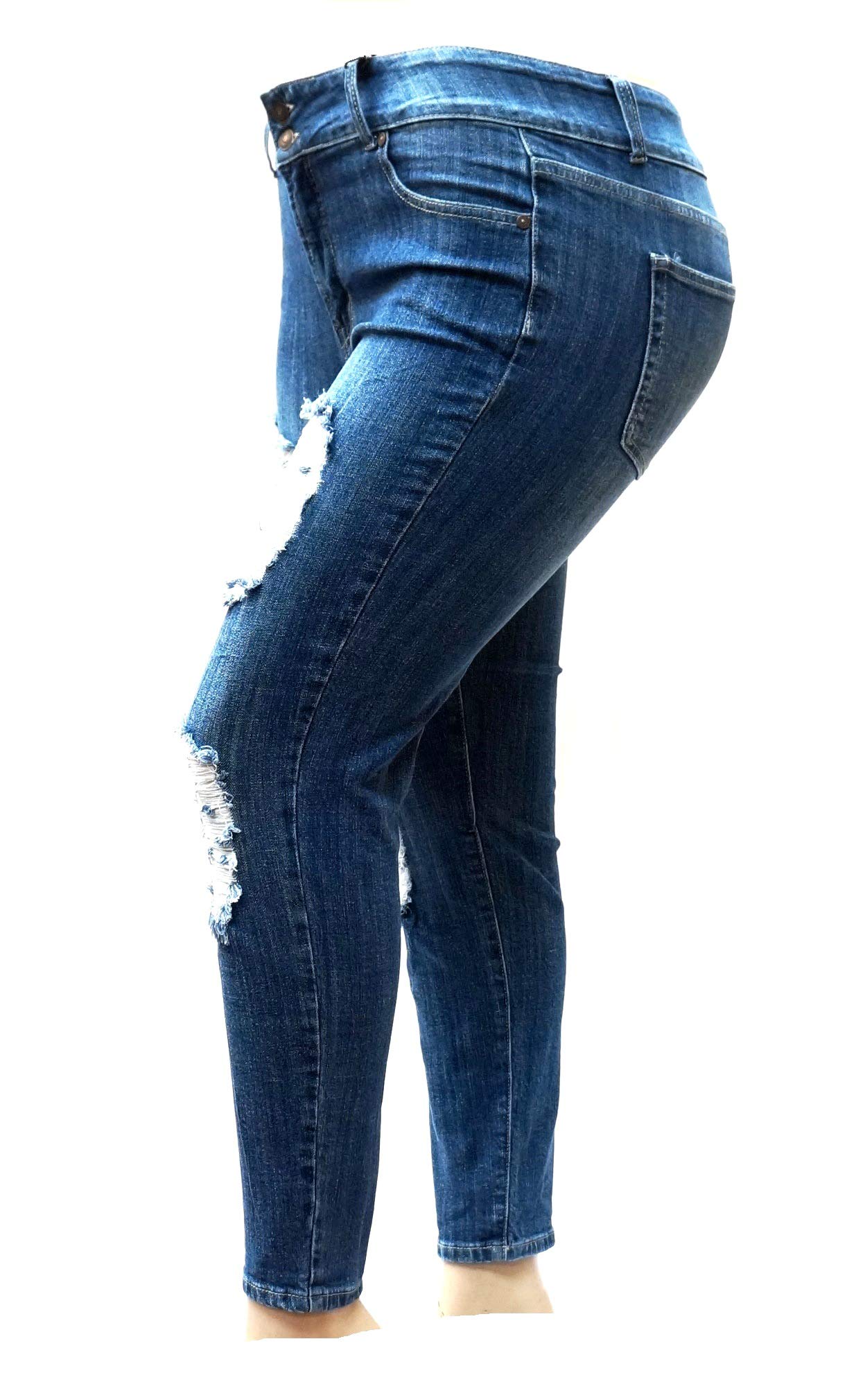 Jack David Women's Plus Size Stretch Distressed Ripped Blue Skinny Jeans - High Waisted Denim Pants for Casual Wear & Everyday Comfort