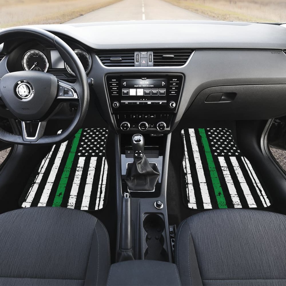 Premium Thin Green Gray Line American Flag Car Floor Mats - Durable & Non-Slip for Trucks, SUVs, Sedans - Perfect for Patriotic Decor & All-Weather Protection