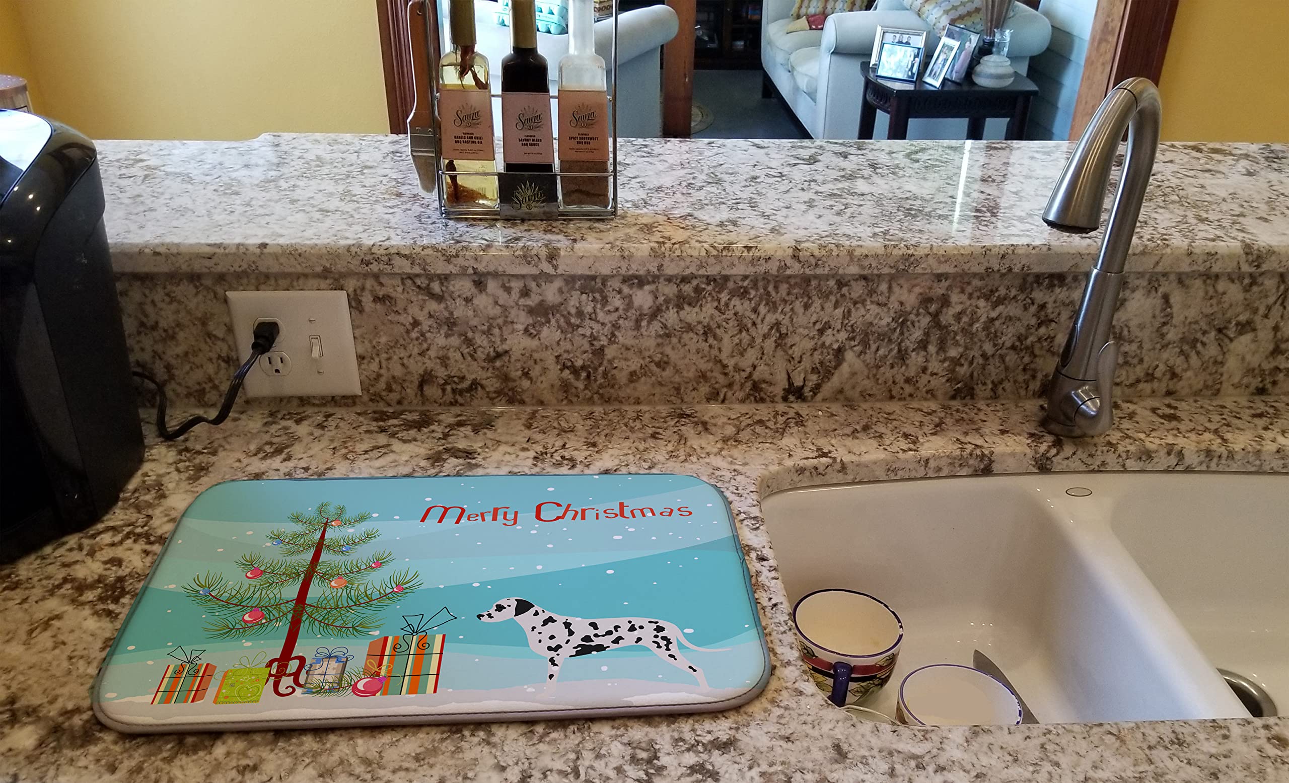 Dalmatian Christmas Dish Drying Mat - Absorbent Kitchen Counter Pad (14x21
