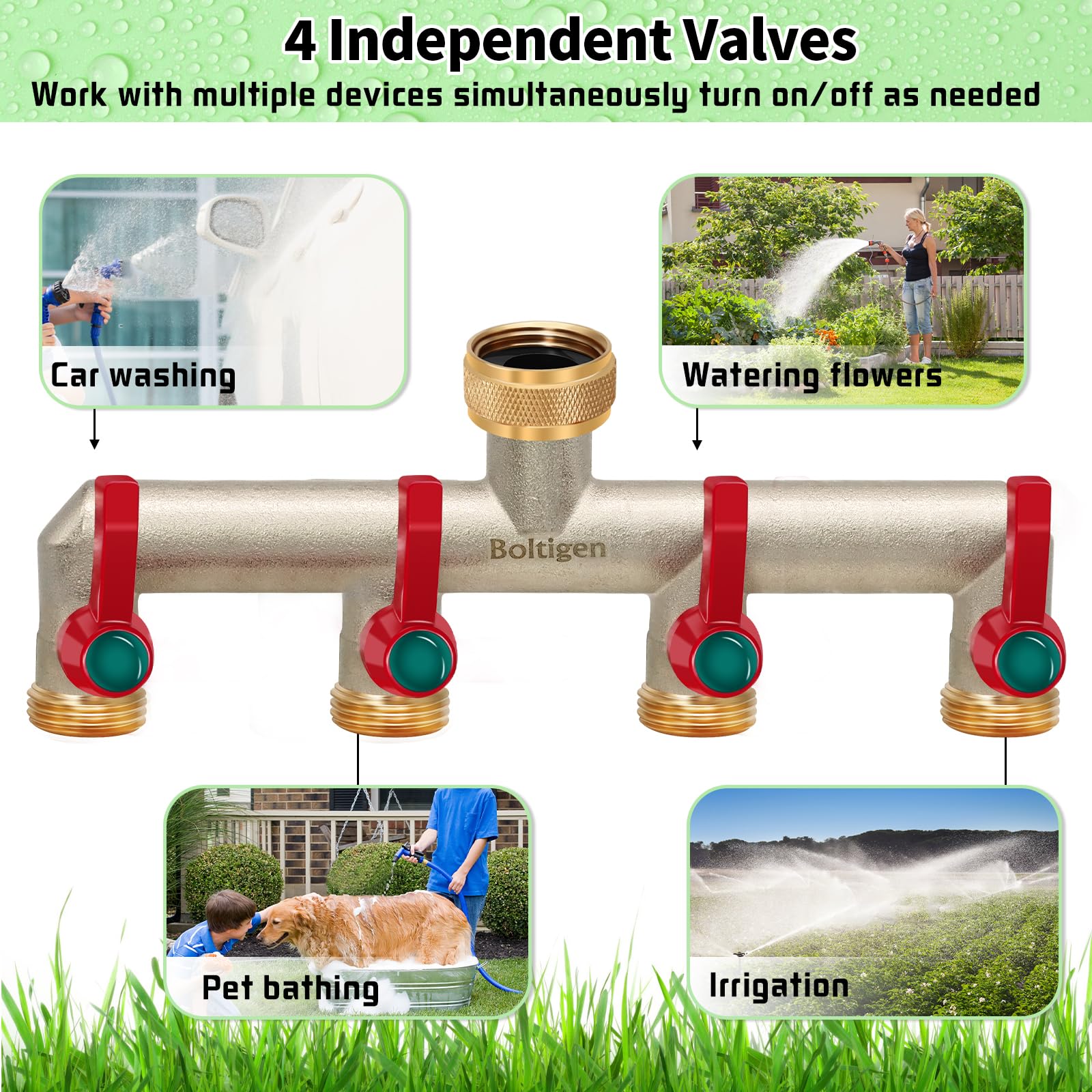 Boltigen 4-Way Brass Garden Hose Splitter with 4 On/Off Valves - 3/4