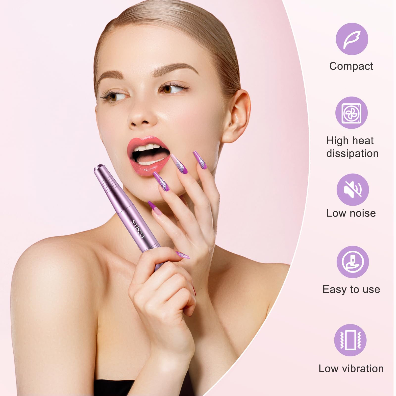 Professional Electric Nail Drill File Kit - COSLUS Portable Manicure Pedicure Machine for Acrylic, Gel & Dip Powder Nails | Includes Sanding Bands & Drill Bits | Cuticle & Dead Skin Care | Perfect for Salon & Home Nail Care (Purple)