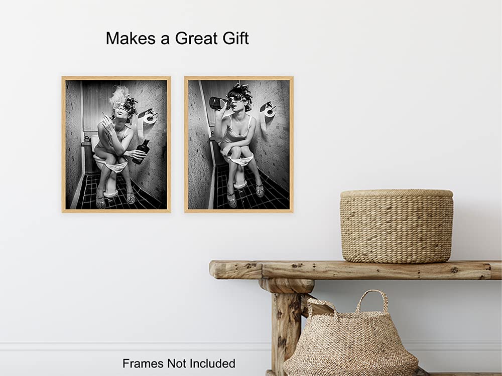 Funny Bathroom Wall Art Decor - Unique 8x10 Woman Smoking & Alcohol Themed Print - Perfect for Powder Room, Guest Bathroom or Bar Wall Decor - Great Conversation Starter for Home & Office Restrooms