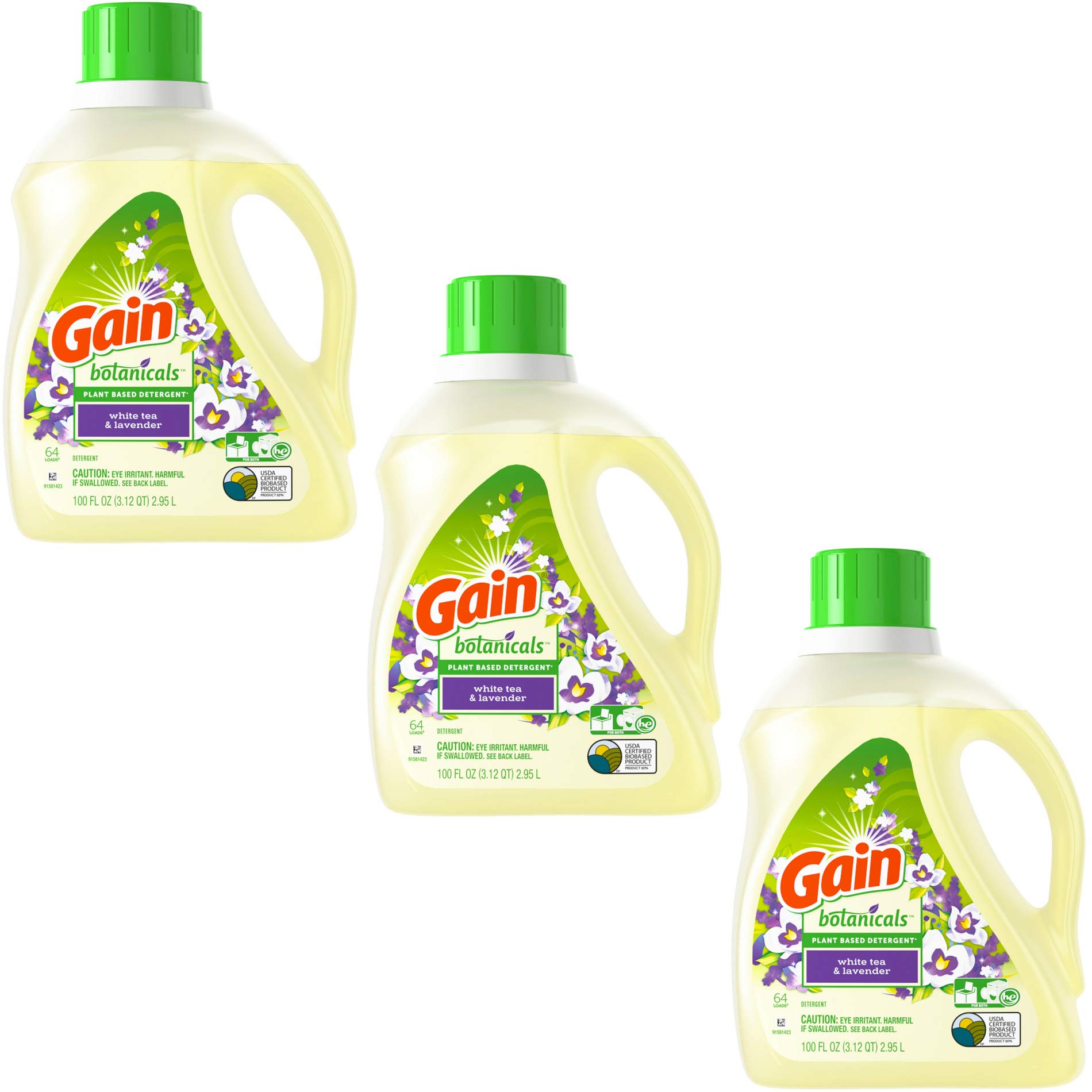 Gain Botanicals Plant-Based Laundry Detergent - White Tea & Lavender Scent, 100 fl oz (Pack of 3) | Eco-Friendly, Hypoallergenic Liquid Detergent for Sensitive Skin | Perfect for Families, Babies & Sustainable Living