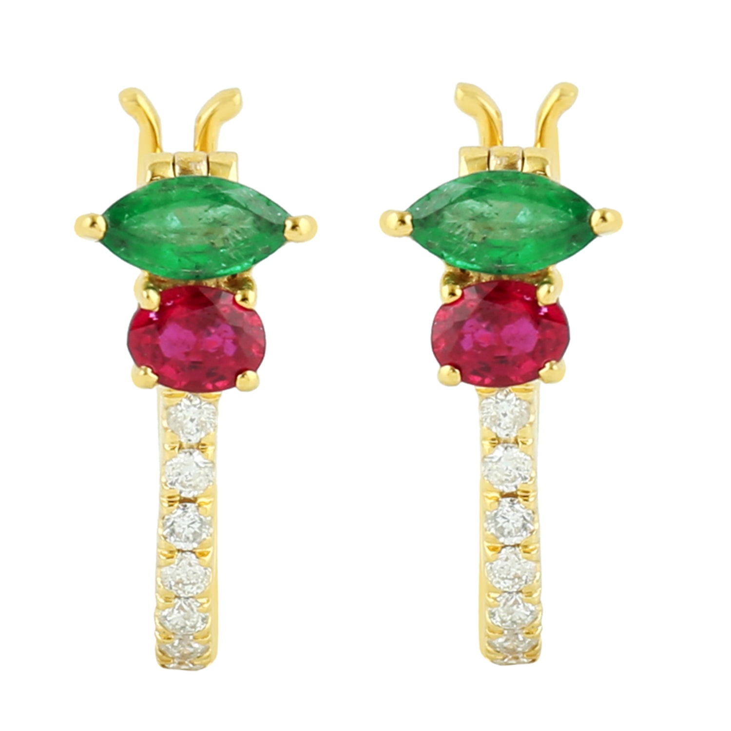 Exquisite Marquise Cut Emerald & Oval Cut Ruby Pave Diamond Hoop Earrings in 14K Yellow Gold | Elegant Dangle Earrings for Women, Perfect for Weddings, Parties & Special Occasions