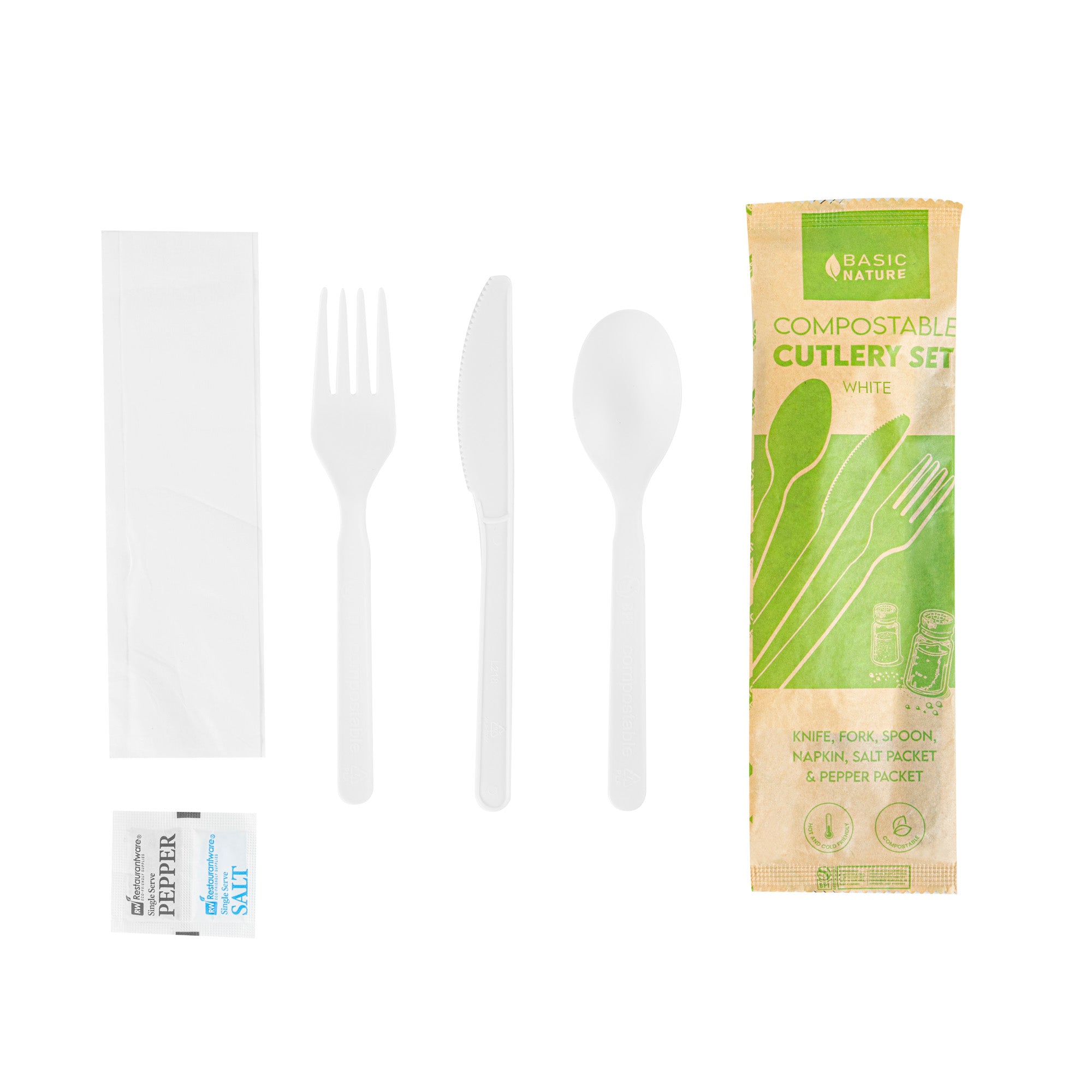 Eco-Friendly Compostable White PLA Plastic Cutlery Set with Napkins & Salt/Pepper Packets - 500 Count Box (6.25
