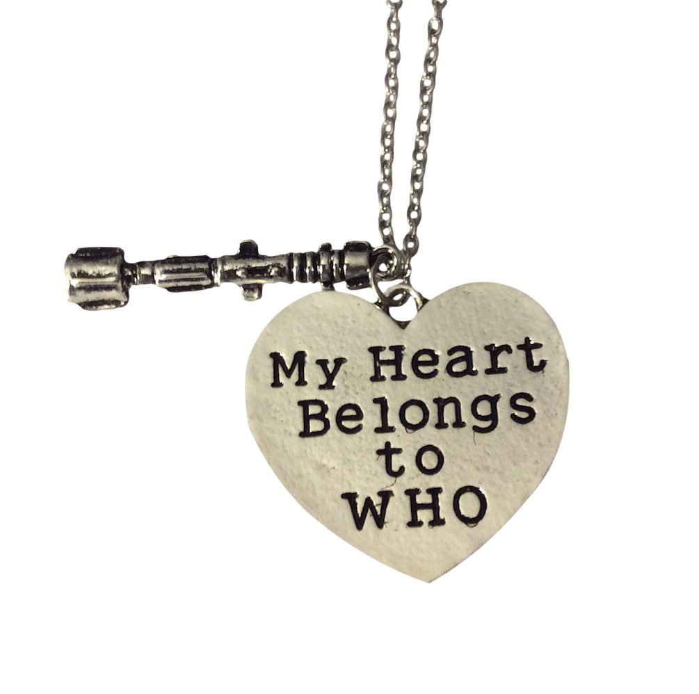 My Heart Belongs to WHO Heart & Sonic Screwdriver Necklace Set - Doctor Who Cosplay Jewelry for Fans, Gifts & Themed Parties