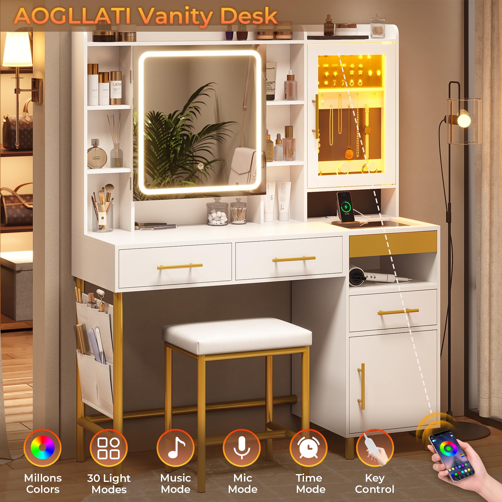 AOGLLATI White Makeup Vanity Desk with LED Lights, Mirror & Jewelry Storage - Vanity Table with Charging Station, Hidden & Open Shelves for Bedroom, Dressing Room & Beauty Salon