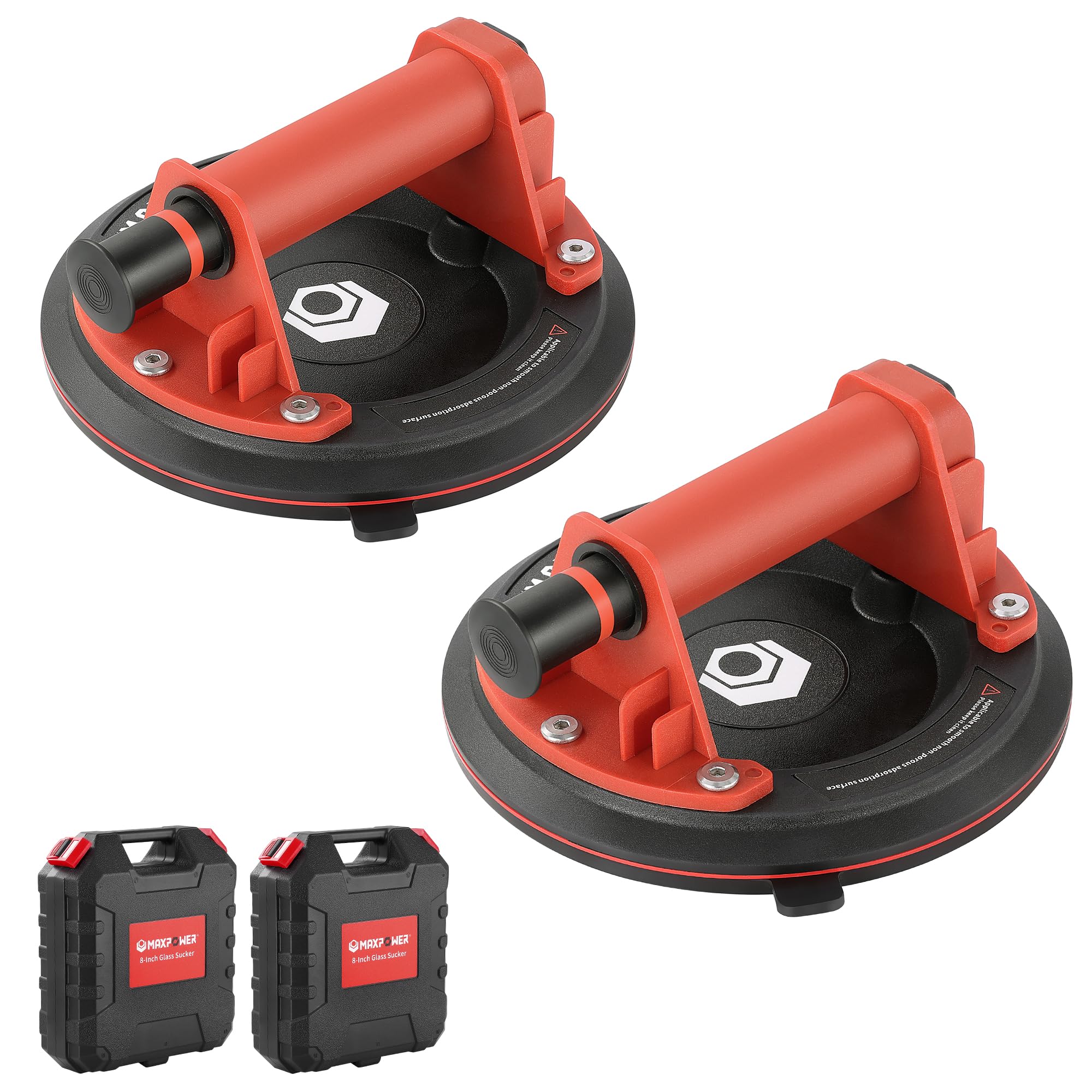 MAXPOWER 8 Inch Heavy Duty Vacuum Suction Cups with Plastic Handle - 2 Pack, 440lbs/200KG Load Capacity - Ideal for Glass Lifting, Construction, and DIY Projects