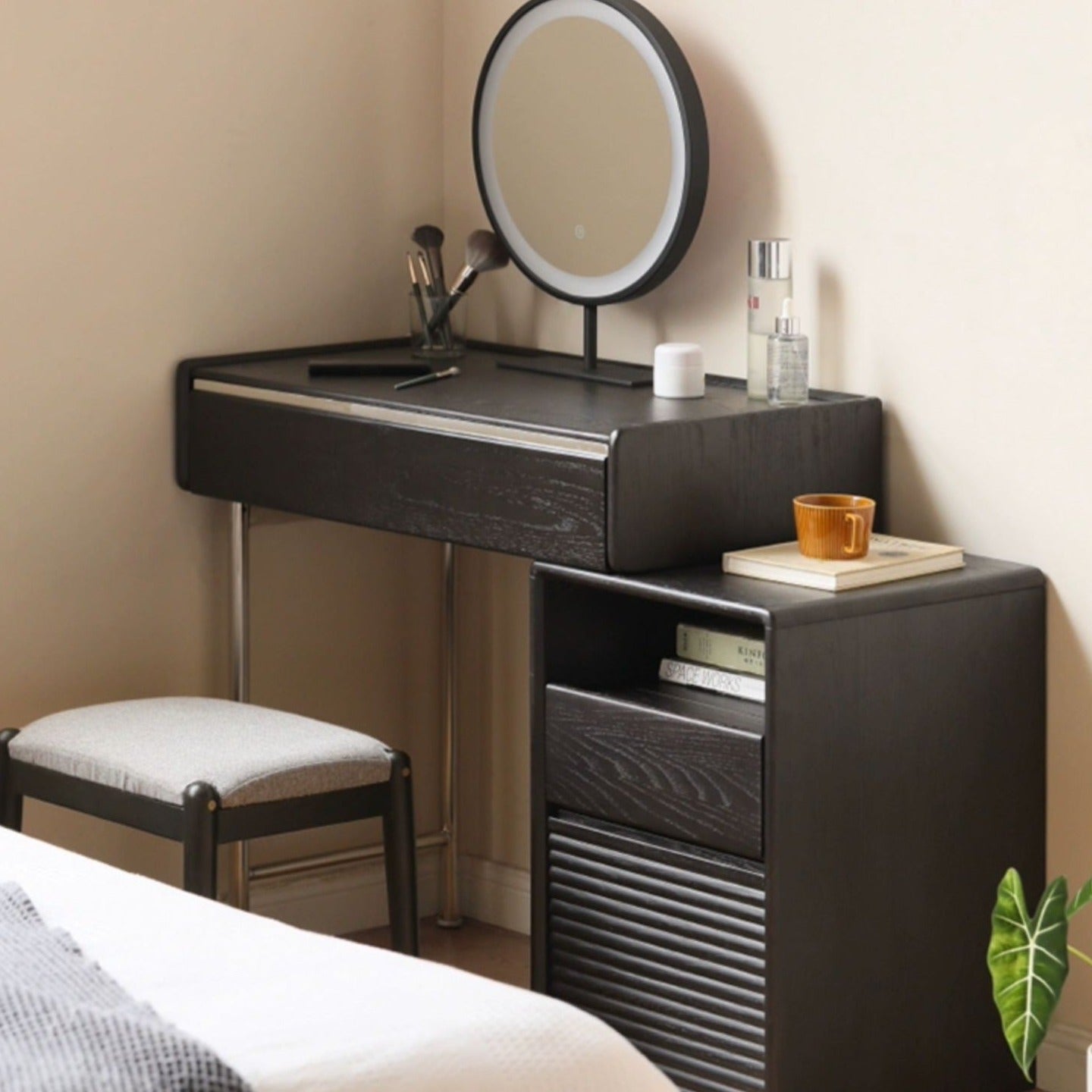 Solid Oak Wood Extendable Dressing Table with Mirror - Vintage Vanity Desk for Bedroom, Makeup Organizer with Storage Drawers