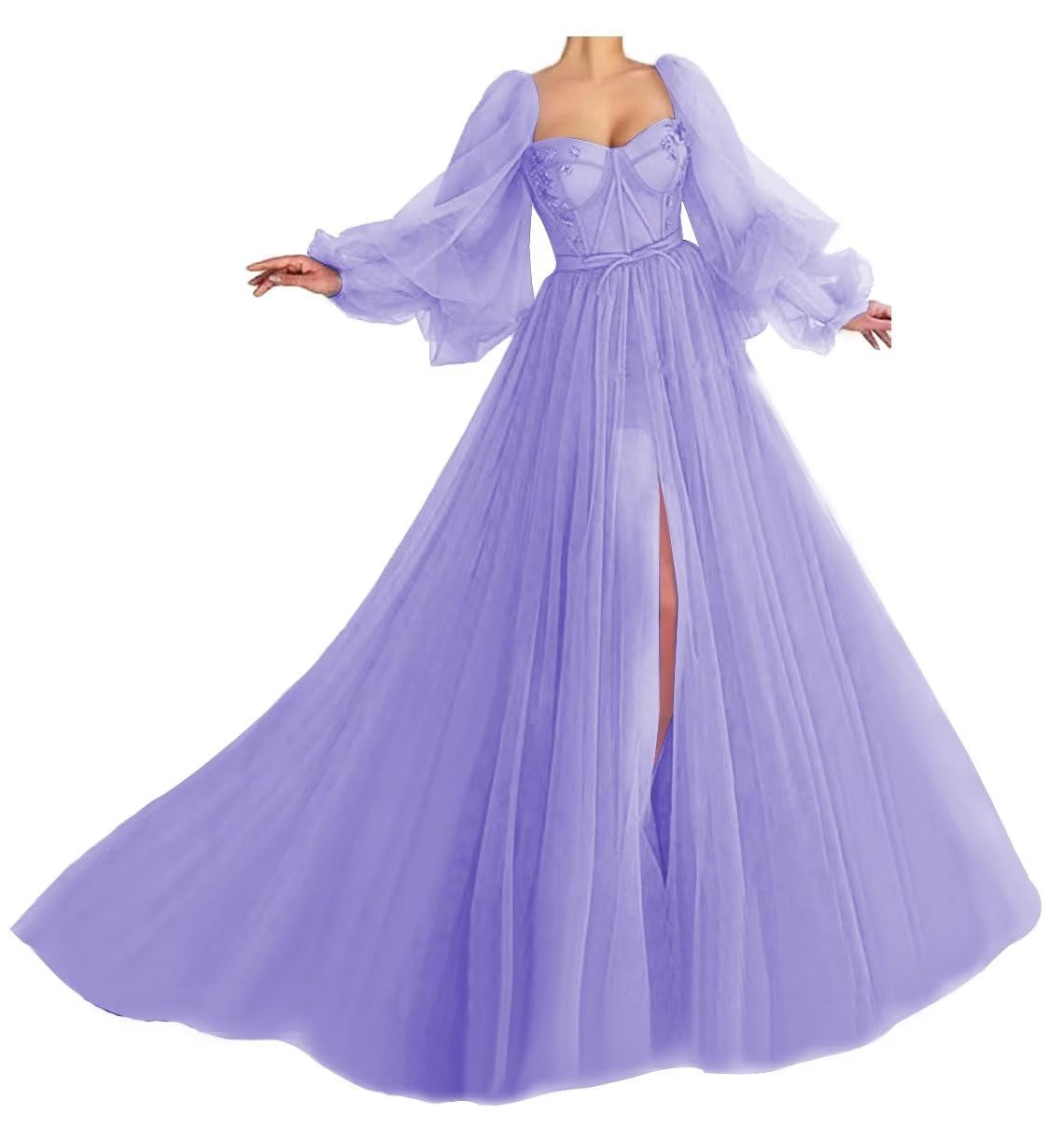 Elegant Puffy Sleeve Sweetheart Neckline Tulle Ball Gown Prom Dress with Slit - Formal Evening Gown for Wedding, Homecoming, Pageant & Special Occasions