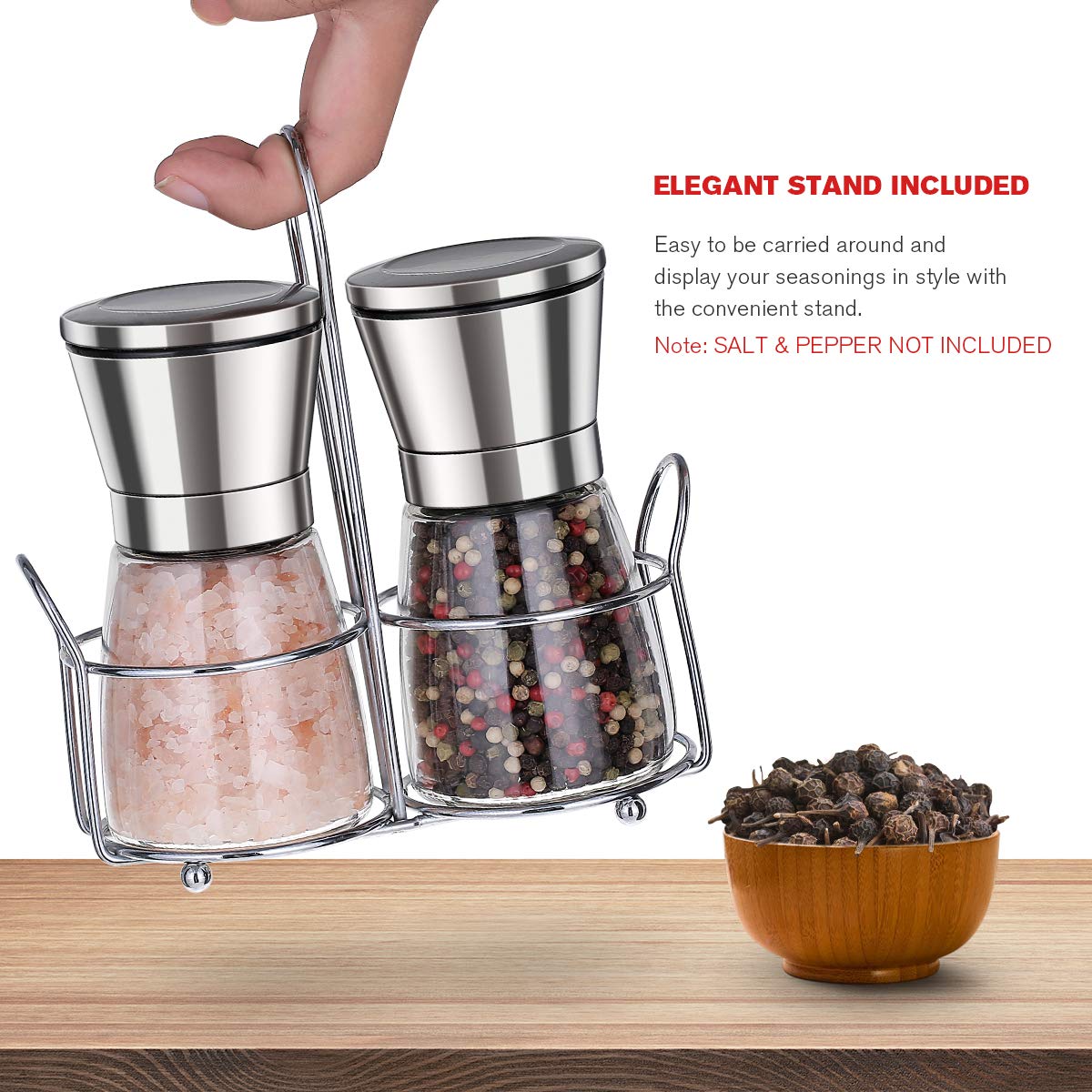 Premium Stainless Steel Salt and Pepper Grinder Set - Adjustable Coarseness with 5 Grinding Levels, Manual Spice Mill with Stand & Silicone Funnel (2-Pack) - Perfect for Kitchen, Dining Table & Outdoor BBQ
