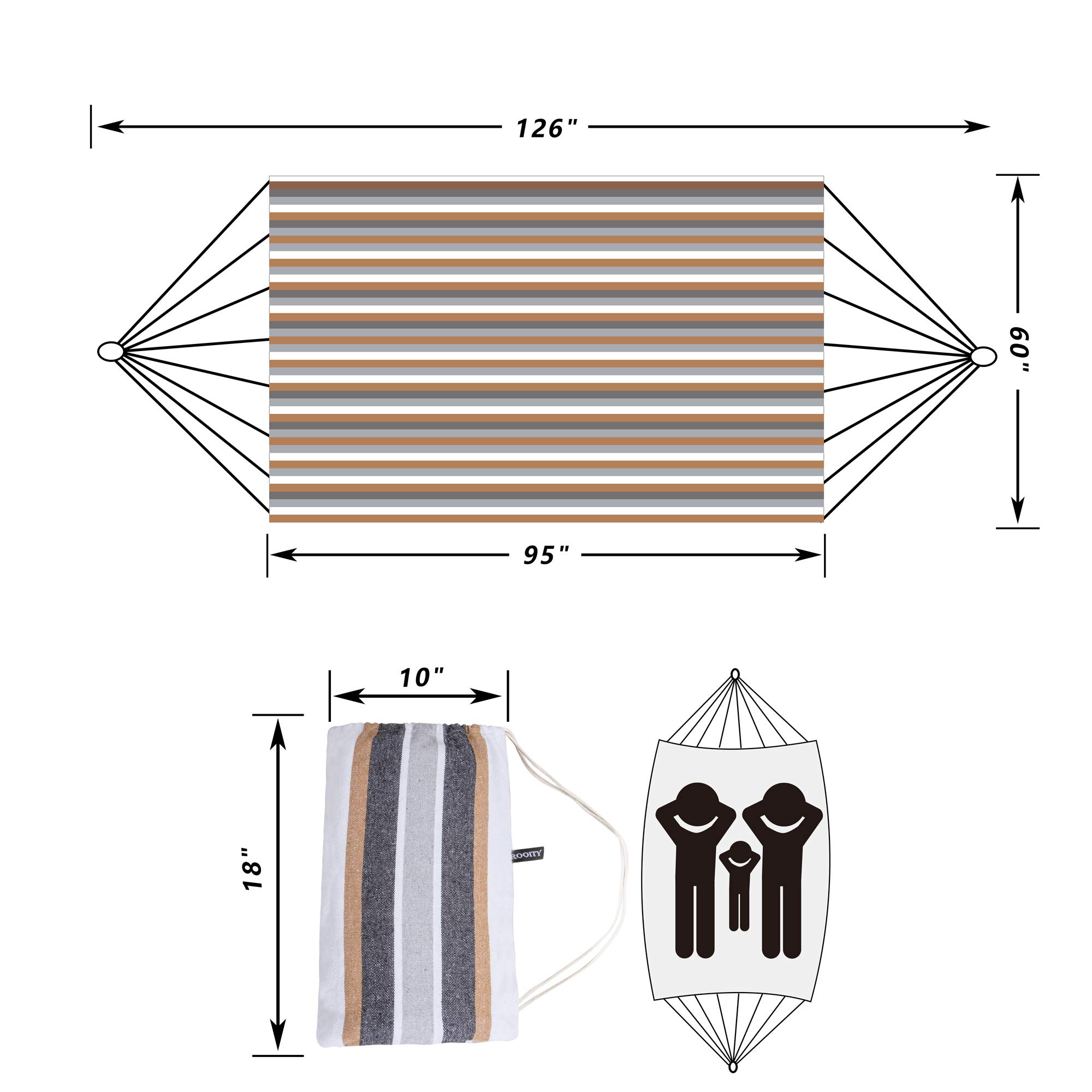 Double Hammock Brazilian Style with Carrying Bag - Soft Woven Fabric Supports 450lbs - Extra Large Brown & Grey Stripe - Perfect for Patio, Garden, Backyard, Porch, Indoor & Outdoor Relaxation