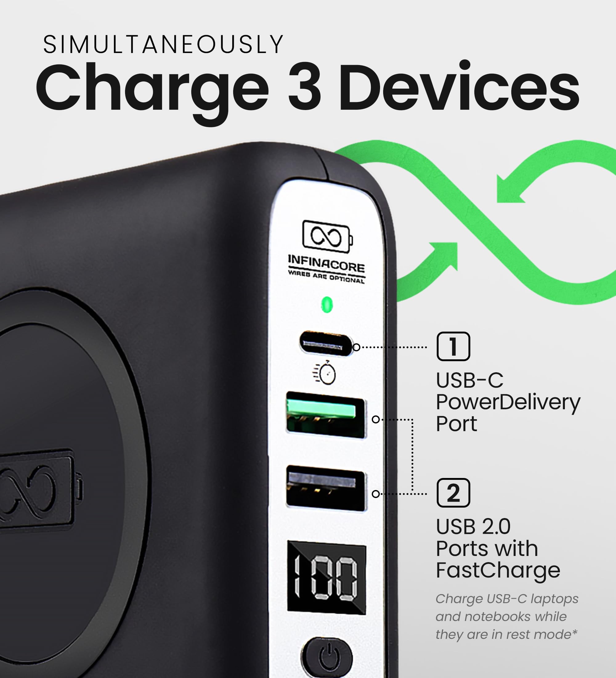 InfinaCore P3 Pandora 10000mAh Portable Power Bank - 3-in-1 Fast Wireless Charger for iPhone 15/14/13, Samsung Galaxy S23/S22 - USB C & USB 2.0 Compatible - Includes Global Travel Adapters - Perfect for Travel, Camping & Emergency Charging - Midnight Black