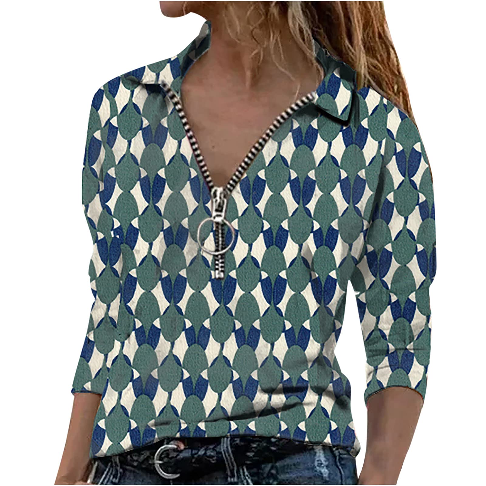 Women's V-Neck T-Shirts - Fashion Geometric Print Long Sleeve Henley Blouse with Zipper Detail | Casual Wear for Everyday Outfits, Work & Date Nights