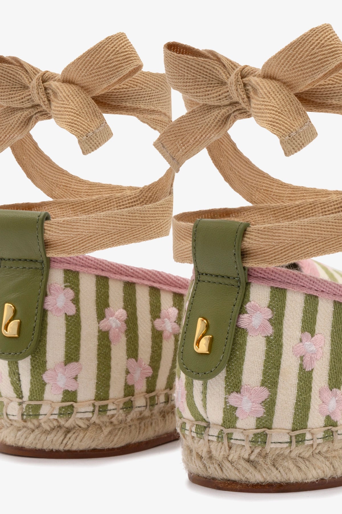 Letizia Women's Espadrille Flats - Seaweed & Natural Striped Fabric with Daisy Embroidery | Comfortable Summer Shoes for Beach, Vacation & Casual Outings