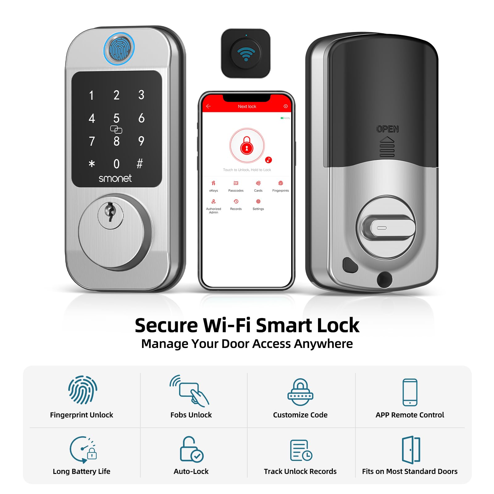 SMONET Smart WiFi Door Lock - Keyless Entry Deadbolt with Fingerprint, Keypad, Alexa & Bluetooth App Control - Satin Nickel Finish for Home Security & Smart Access    Perfect for modern homes, apartments, and vacation rentals - secure keyless entry with remote access via smartphone, voice control with Alexa, and biometric fingerprint recognition for ultimate convenience.