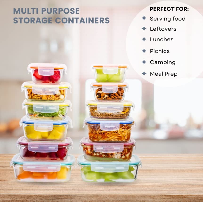 24-Piece Glass Food Storage Containers Set with Airtight Lids - BPA Free, Reusable, Microwave & Freezer Safe - Perfect for Meal Prep, Kitchen Organization & Leftovers Storage