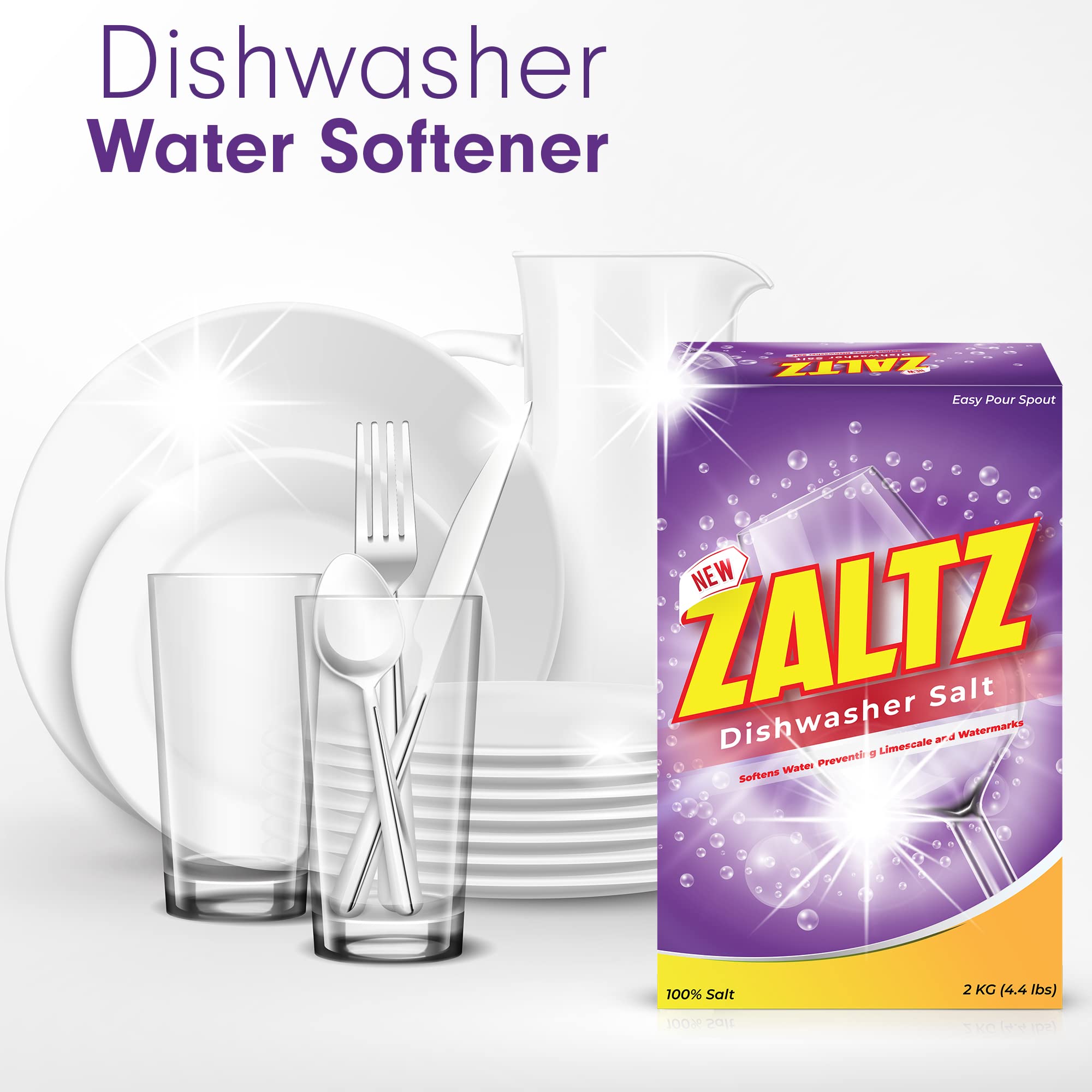Zaltz Dishwasher Salt - Water Softener & Rinse Aid for Sparkling Clean Dishes, 4.4 lb Box with Easy-Pour Spout | Perfect for Hard Water Areas & Daily Dishwasher Maintenance