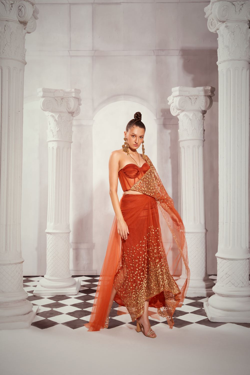 Elegant Leopard Print Aari Embroidered Pre-Draped Saree with Bustier - Perfect for Weddings, Parties & Special Occasions
