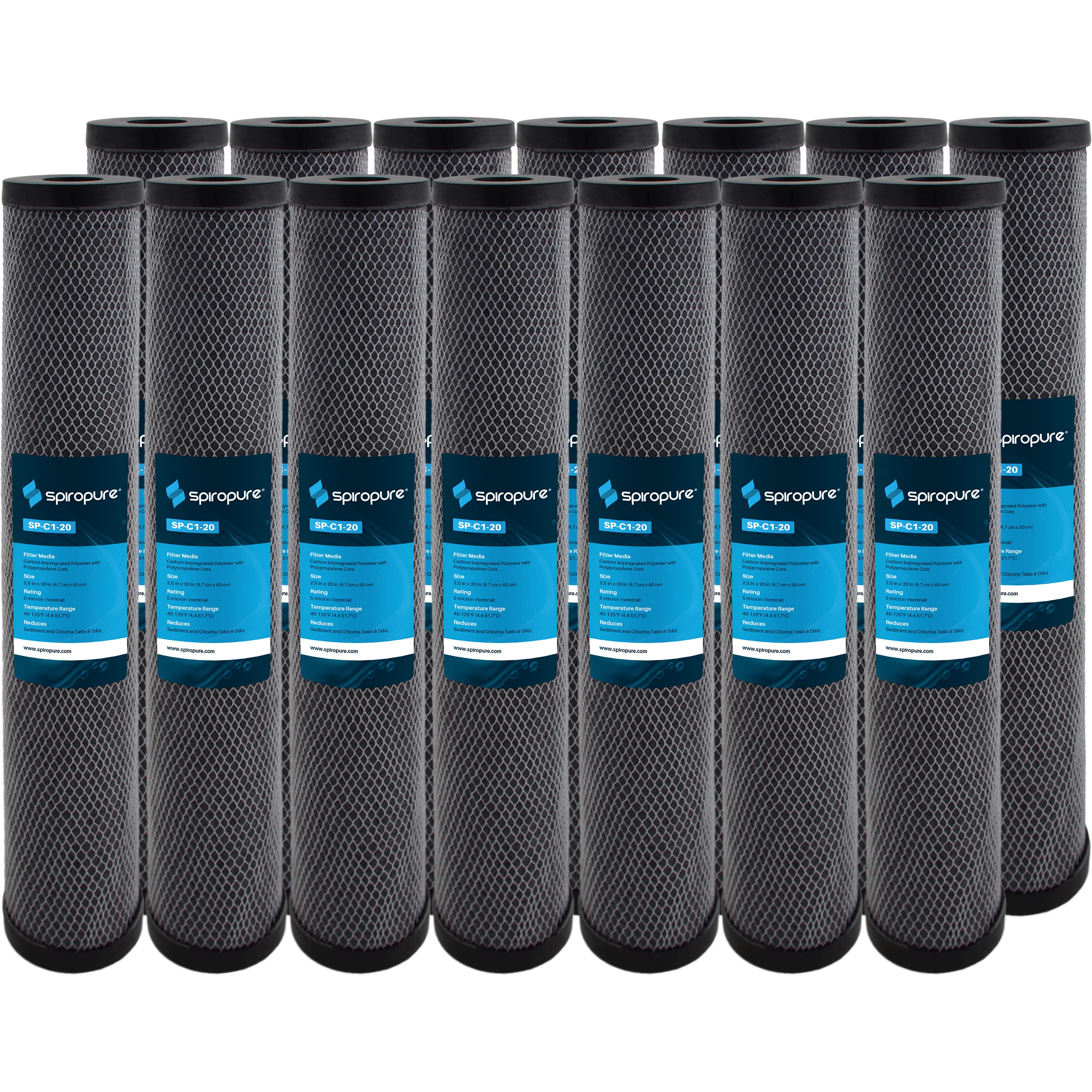 SpiroPure C1-20 155597-43 Replacement Water Filter Cartridge - 20x2.5 Inch, 5 Micron Carbon Impregnated Cellulose (14 Pack) - Perfect for Refrigerators, Under Sink & Whole House Water Filtration Systems