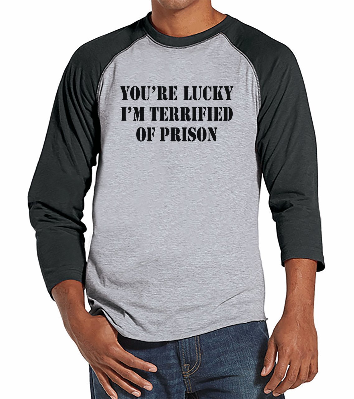Funny Prison Joke T-Shirt for Men - 7 Ate 9 Apparel Raglan Sleeve Tee | Novelty Humor Gift for Inmates, Prison Guards & Comedy Lovers