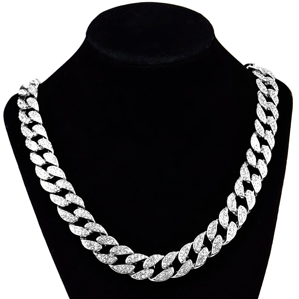 Men's Silver Tone Iced Cuban Link Hip Hop Chain Necklace - 24 Inch Length, 15MM Width - Perfect for Streetwear, Rap Performances & Urban Fashion Accessories