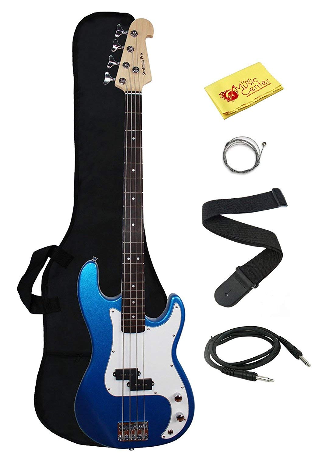 Stedman Beginner Bass Guitar Bundle with 15W Amp, Gig Bag, Cable, Strap & Accessories - Metallic Blue | Perfect for First-Time Players, Practice Sessions & Small Gigs