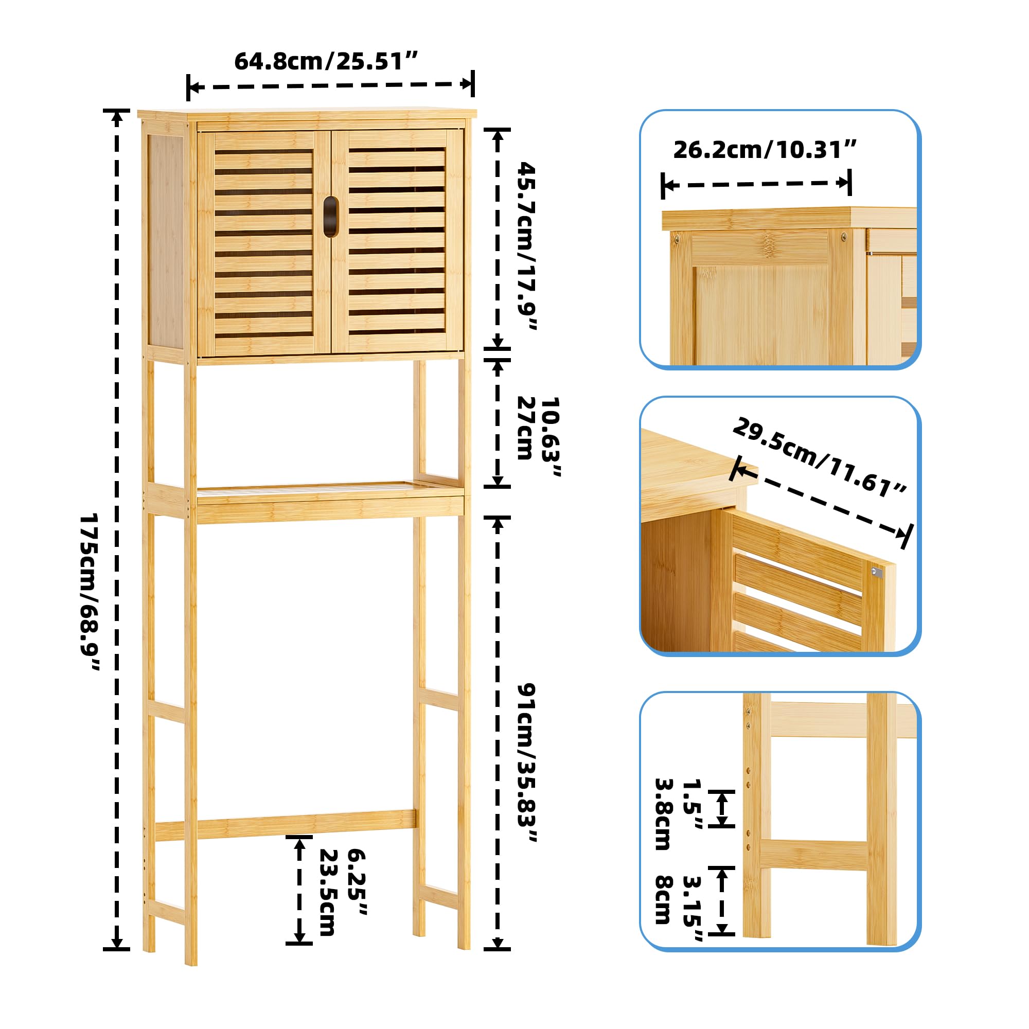SMIBUY Over The Toilet Storage Cabinet - 2 Door Bamboo Bathroom Organizer with Adjustable Shelves | Freestanding Space Saver Toilet Rack for Small Bathrooms | Perfect for Towels, Toiletries & Bathroom Essentials (Natural)