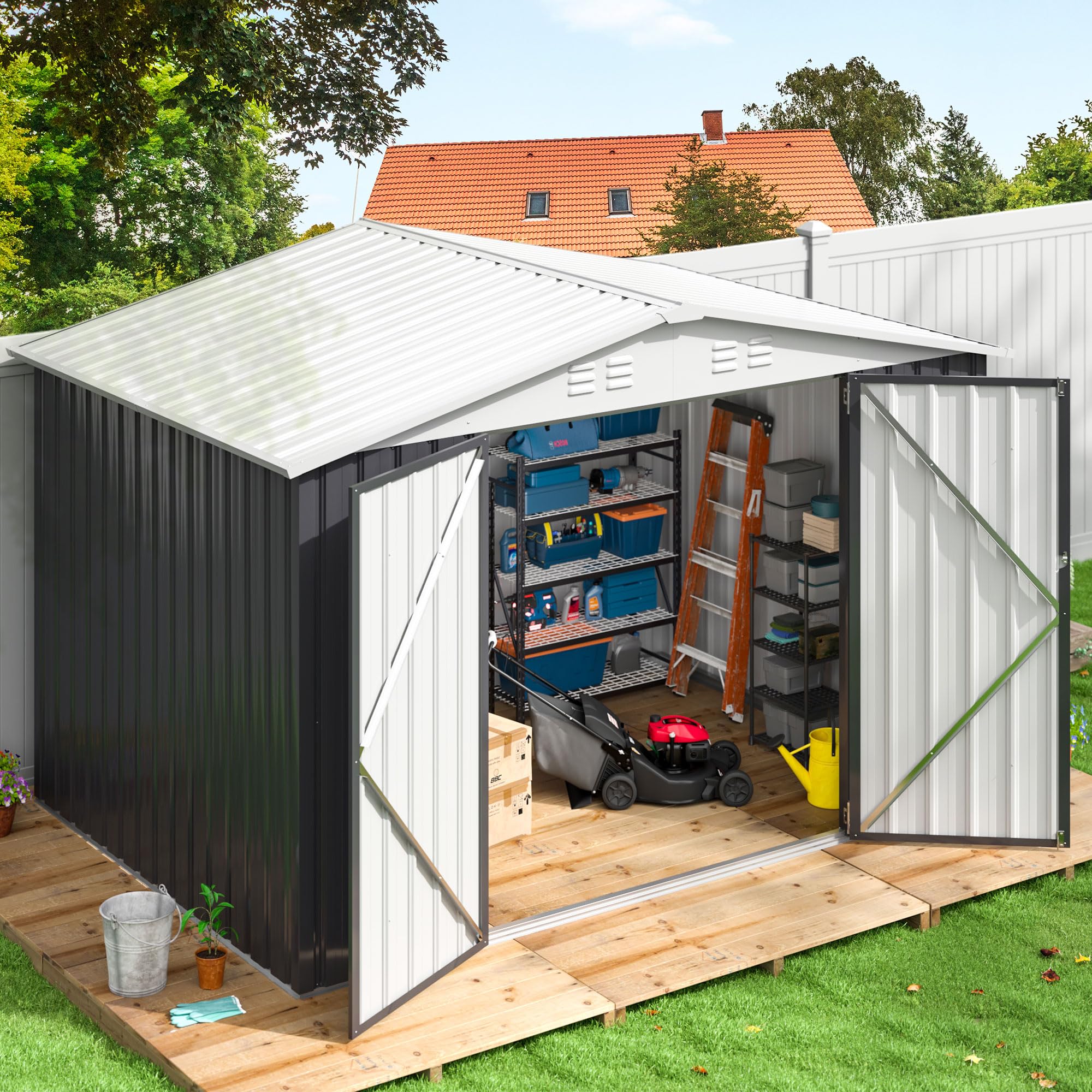 Polar Aurora 6x8 FT Outdoor Storage Shed - Heavy Duty Metal Garden Shed with Reinforced Frame Structure | Waterproof Tool Shed for Backyard, Patio, Lawn (White) | Perfect for Storing Gardening Tools, Lawn Equipment & Outdoor Furniture