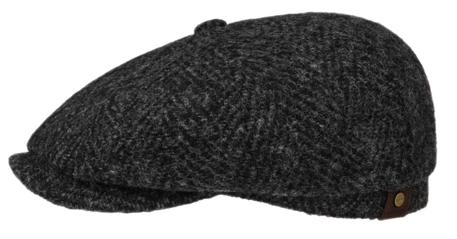 Stetson Hatteras Wool Tweed Herringbone Baker Boy Cap - Dark Grey Vintage Newsboy Hat for Men | Classic Winter Fashion Accessory for Outdoor Activities & Casual Wear