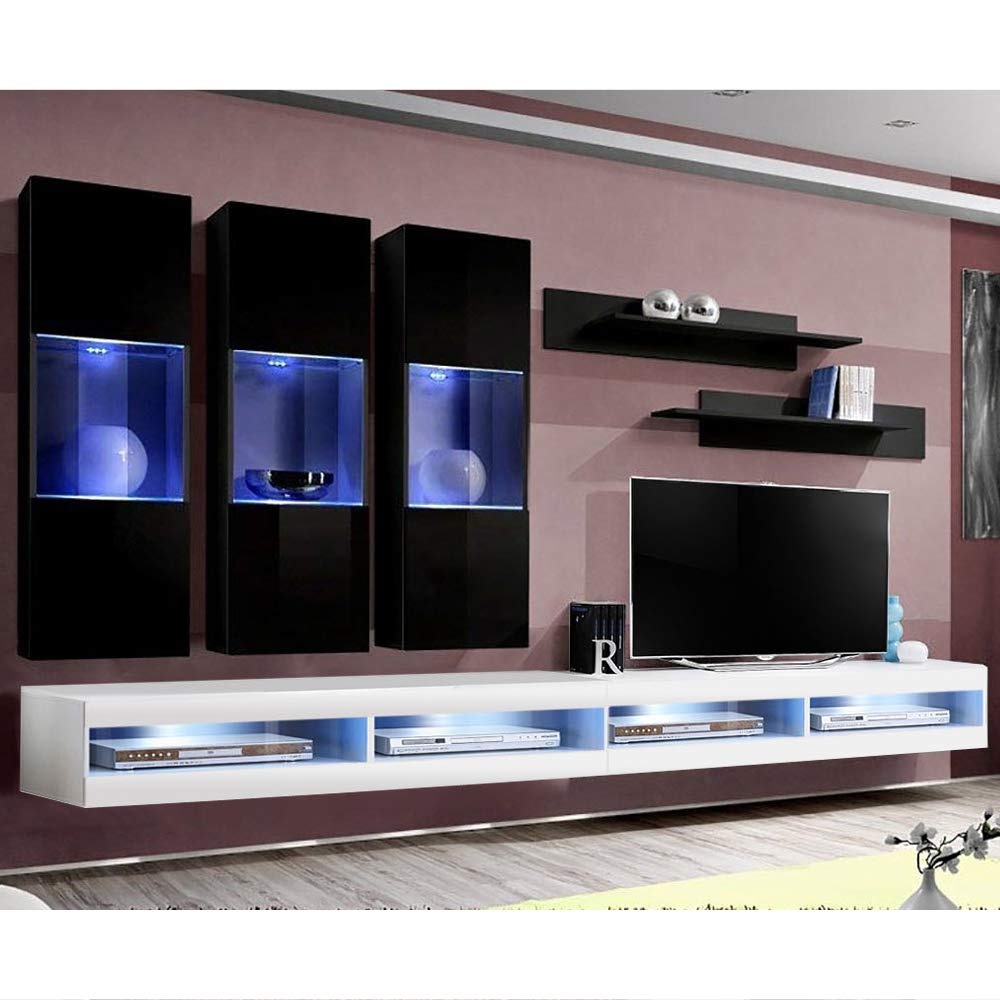 Modern Floating TV Stand with Storage & LED Lights - Wall-Mounted Entertainment Center for Living Room & Bedroom - Black/White E2 34TV Console with Shelves - Perfect for Small Spaces & Home Theater Setup