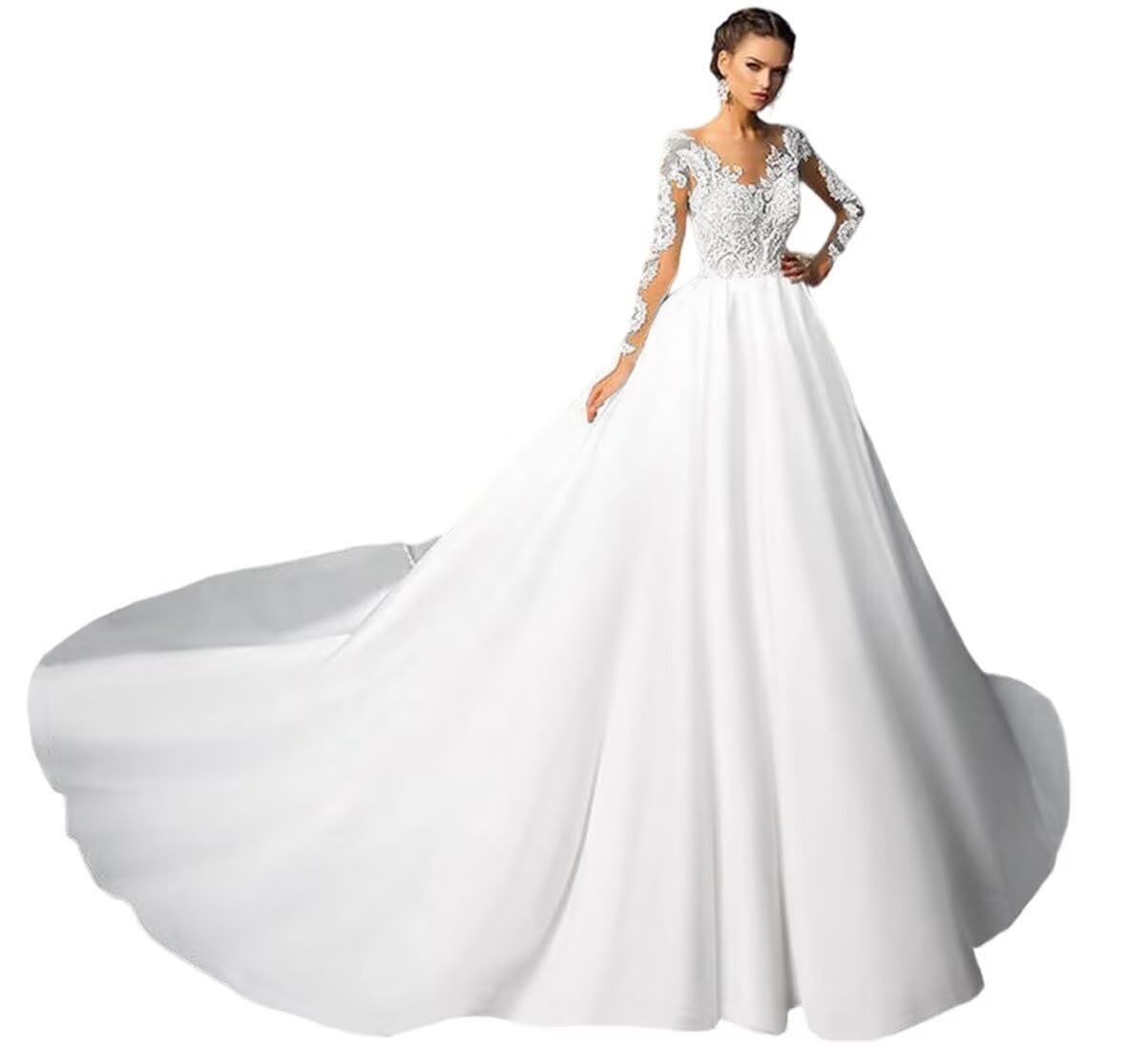 XYAYE Elegant Long Sleeve Lace Wedding Dress for Bride - Satin Princess Bridal Gown with Long Train | Perfect for Church Ceremony, Beach Wedding & Formal Reception