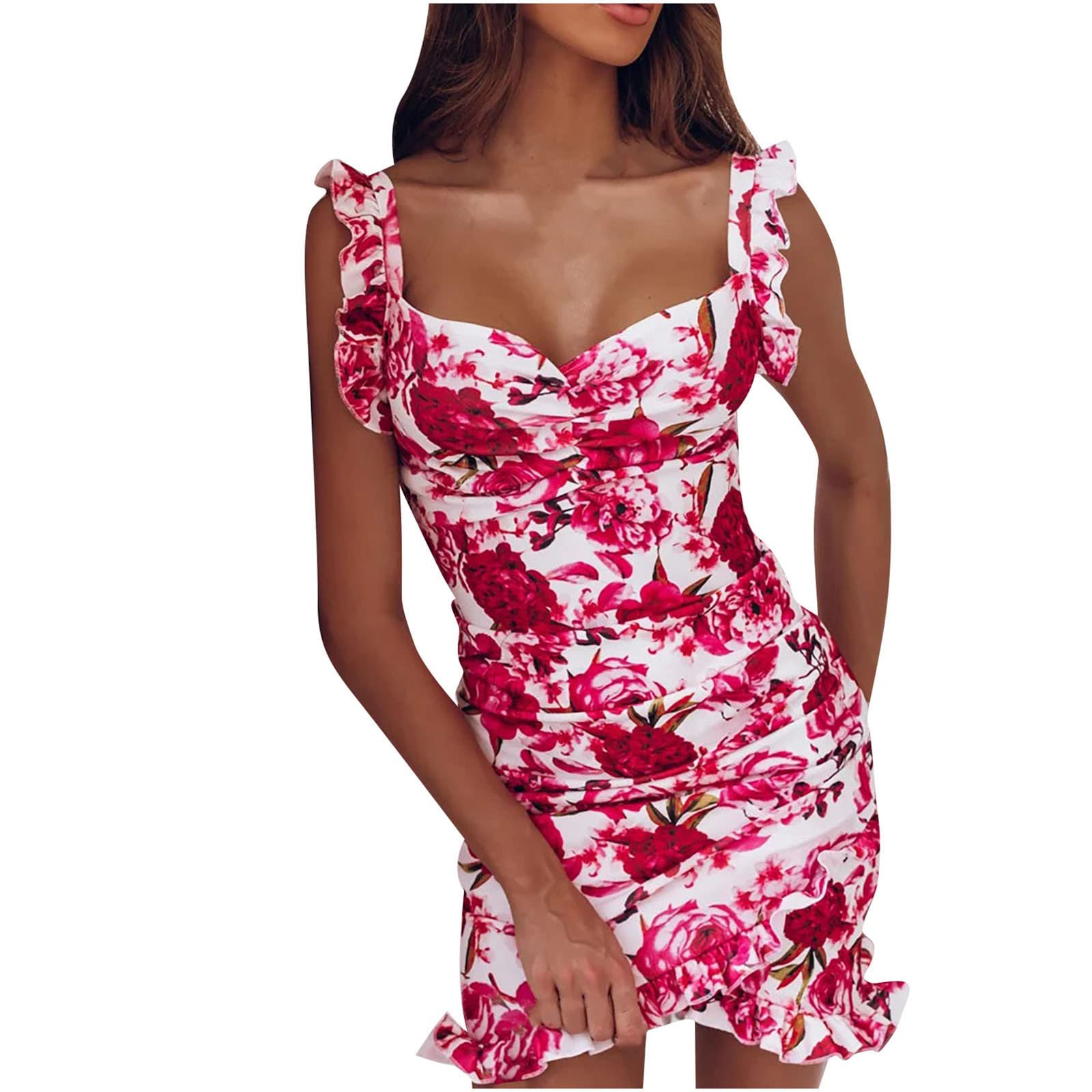 YRAETENM Women's Summer Dresses 2023 - Floral Print Casual Wrap Dress with V-Neck & Sleeveless Design, Ruffled Hem & Bodycon Fit | Perfect for Beach Vacations, Date Nights & Summer Parties
