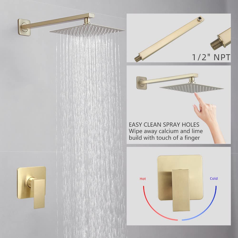 Brushed Gold Shower Faucet Set - Single Function Shower Trim Kit with Rough-in Valve, Square Rain Shower Head & Extra Long Shower Arm | Modern Bathroom Upgrade for Spa-Like Experience
