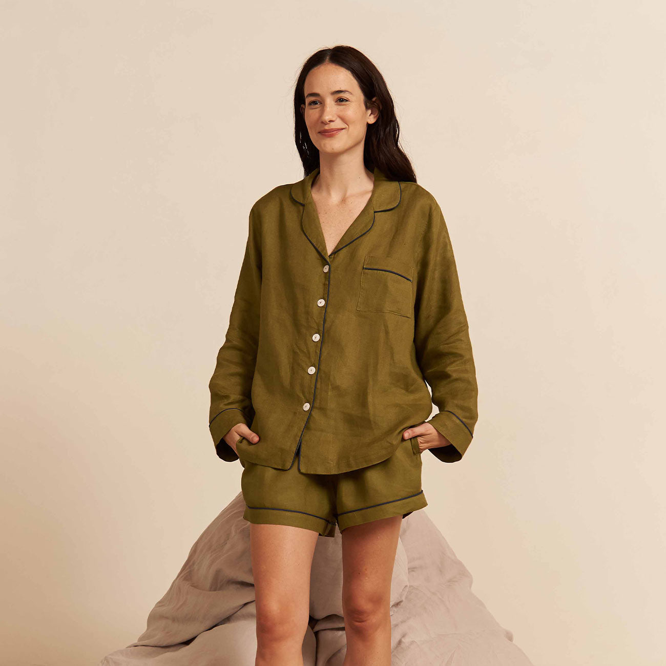 Breathable Moss Green Linen Pajama Shorts for Women - Soft & Comfortable Sleepwear for Summer Nights - Perfect for Lounging, Travel & Relaxation at Home