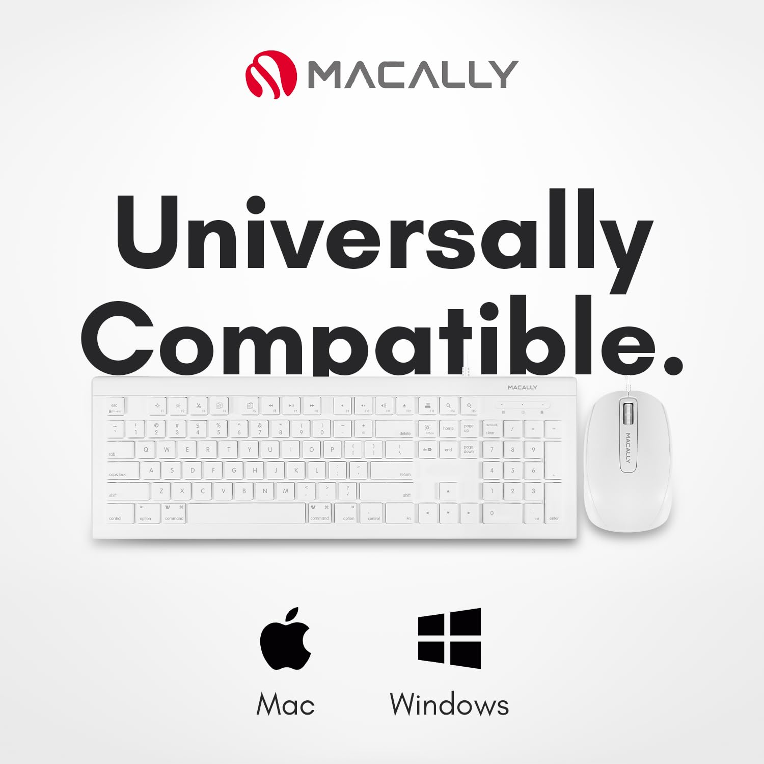 Macally 104-Key USB Wired Keyboard and Mouse Combo with Apple Shortcut Keys - Compatible with Mac, iMac, MacBook & Windows PC (MKEYECOMBO) - White - Perfect for Home Office, Gaming & Productivity Workstations