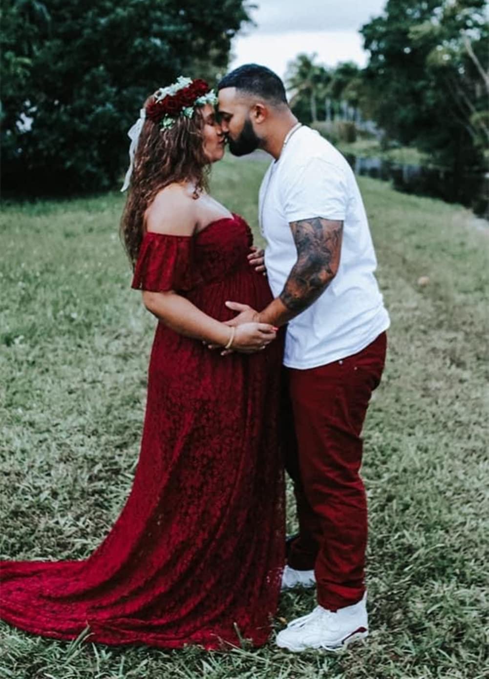ZIUMUDY Off Shoulder Lace Maternity Dress for Baby Shower & Wedding - Elegant Photography Pregnancy Gown for Maternity Photos & Special Occasions