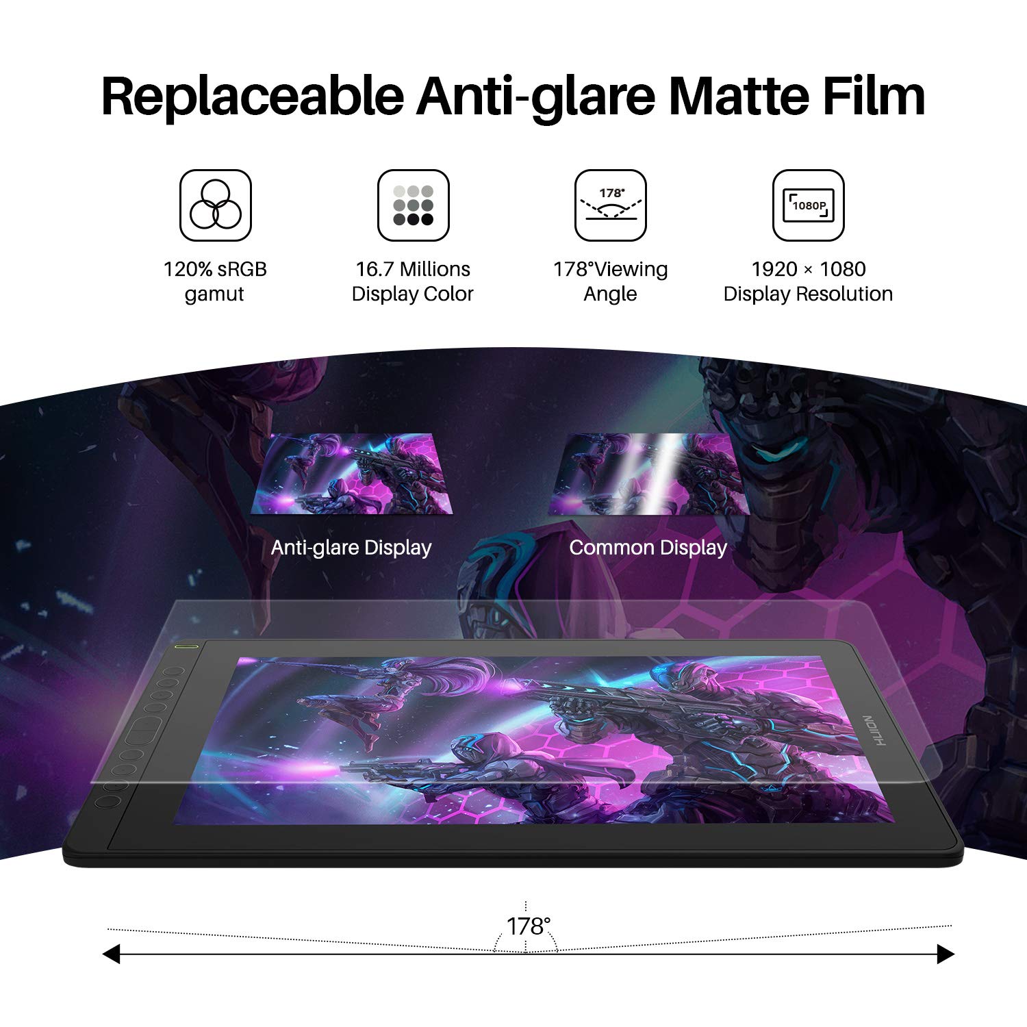 HUION Kamvas 16 2021 Drawing Tablet with Screen - 15.6 Inch Digital Art Display, 120% sRGB Color Gamut, Android Compatible, Includes PW517 Stylus (Cosmo Black) - Perfect for Digital Painting, Graphic Design, Animation & Online Teaching