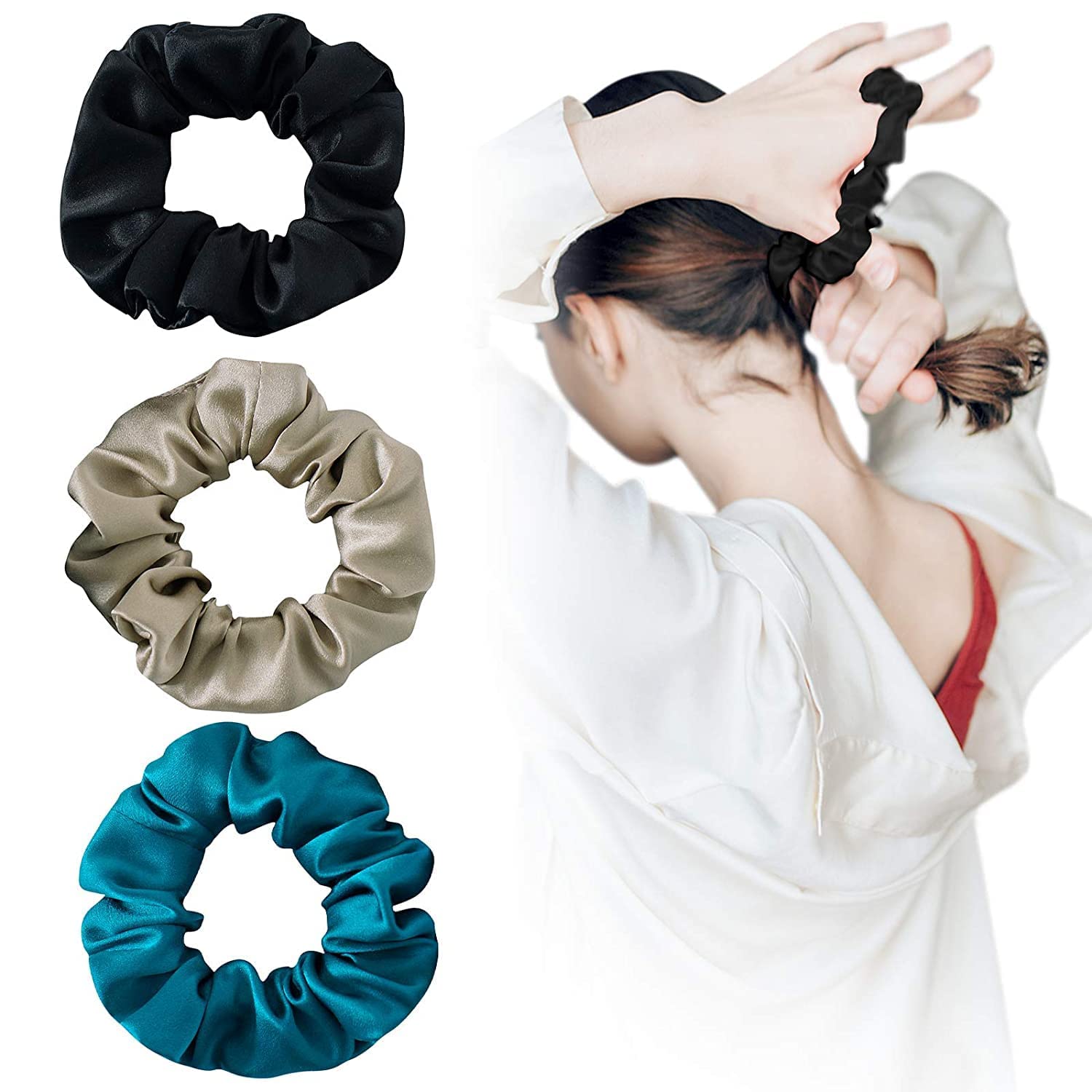 AP SALES 100% Mulberry Silk Scrunchies for Women & Girls – 19 Momme Natural Silk Hair Ties | Soft, No-Pull Elastic Hair Bands (Peacock Blue, Apricot Black) – Perfect for Daily Wear, Workouts & Protecting Hair While Sleeping