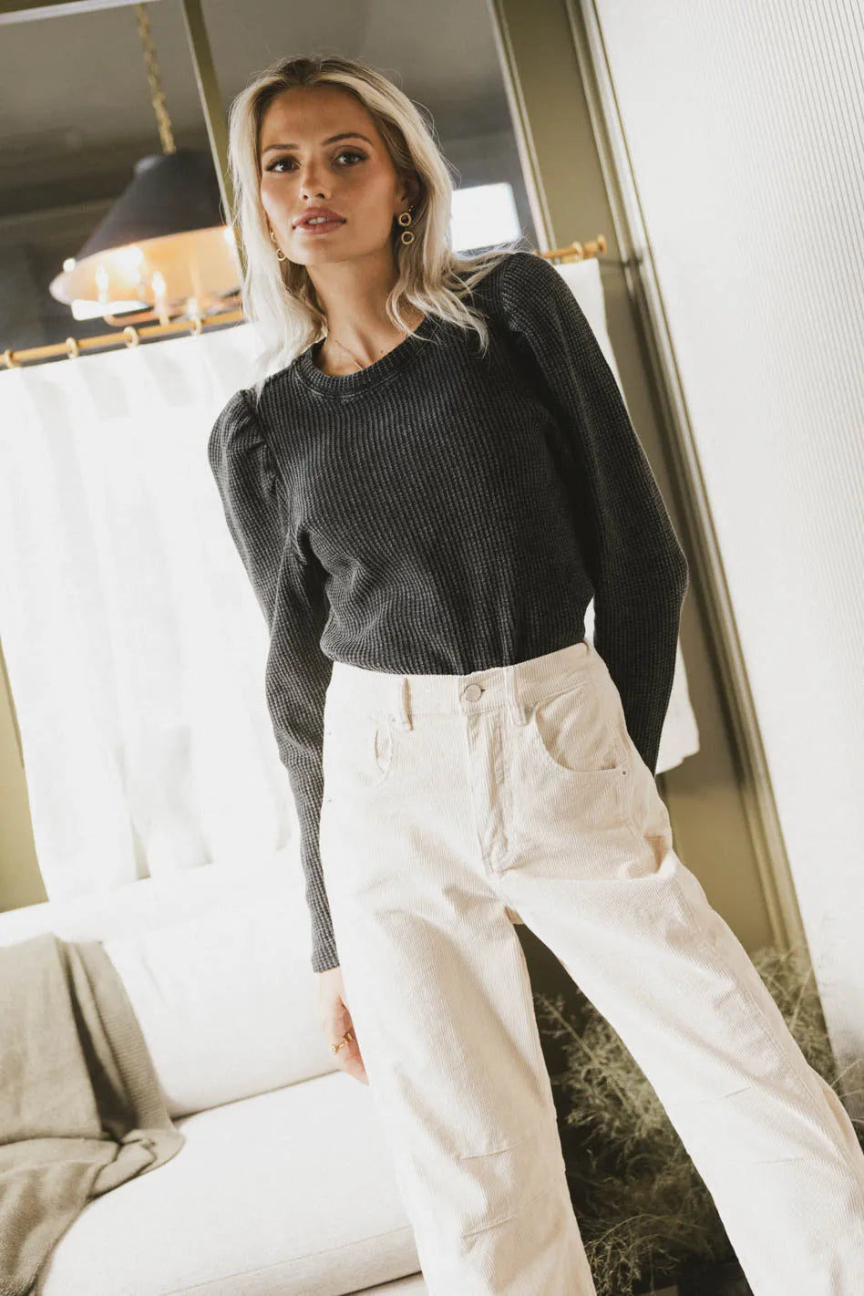 Kelcey Waffle Knit Top Women's Long Sleeve Crewneck Shirt - Soft & Comfortable Black Sweater for Fall & Winter | Casual Outfit, Layering, Office Wear, Date Night
