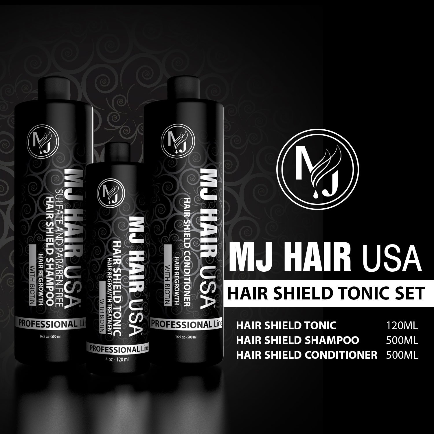 MJ HAIR USA Hair Regrowth Treatment Set (Shampoo, Conditioner & Tonic) for Men & Women - Black Unscented Hair Care Kit - Promotes Thicker, Healthier Hair Growth for Daily Use at Home & Salon