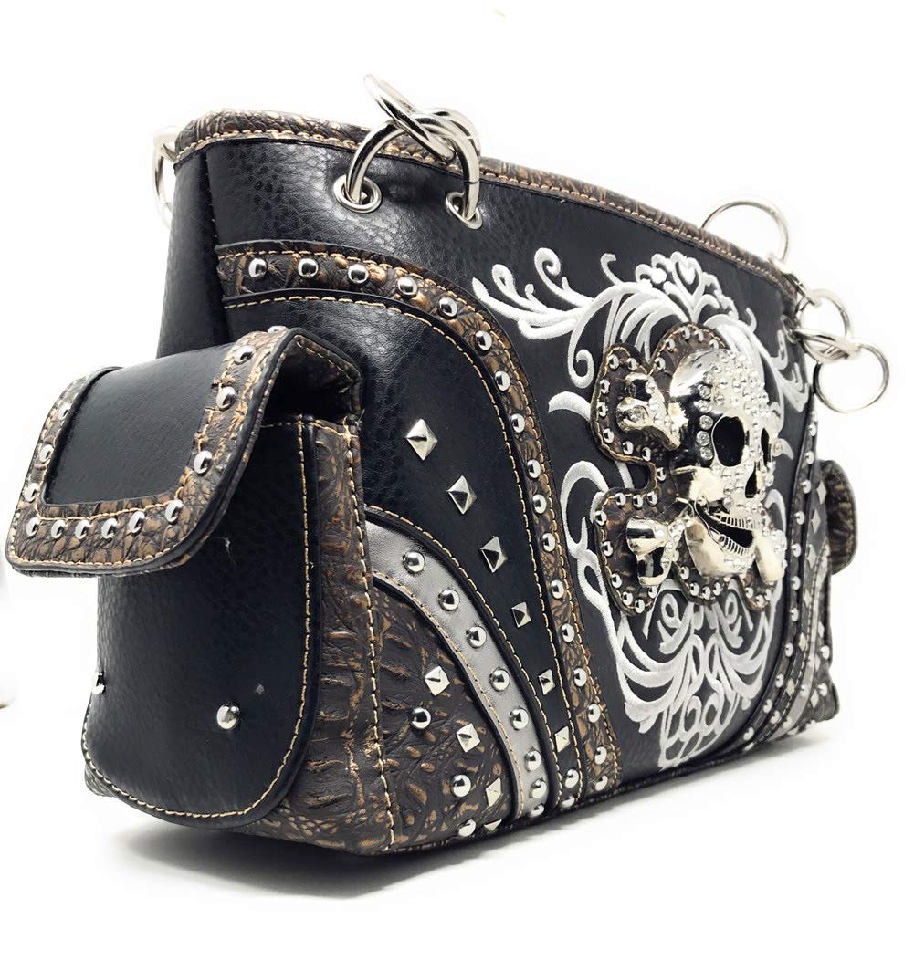 Texas West Women's Embroidered Metal Skull Crossbody Purse Handbag & Wallet Set - 7 Color Options for Gothic Fashion, Biker Style & Festival Accessories