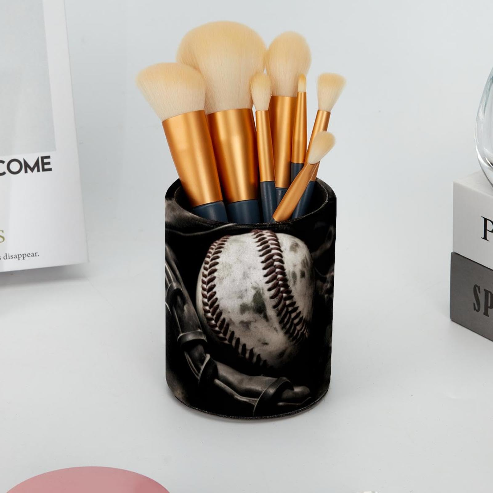 Baseball Pattern Pen Holder & Makeup Brush Organizer - Stylish Desk Pencil Cup for Office, School, and Makeup Vanity | Perfect Gift for Baseball Fans & Stationery Lovers