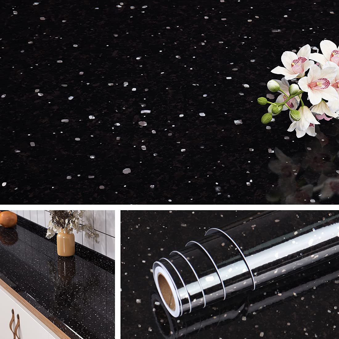 Livelynine Galaxy Black Granite Contact Paper - Waterproof Peel and Stick Countertop Cover - Self-Adhesive Vinyl Wrap for Kitchen Countertops, Desks, Bathroom & Walls (15.8