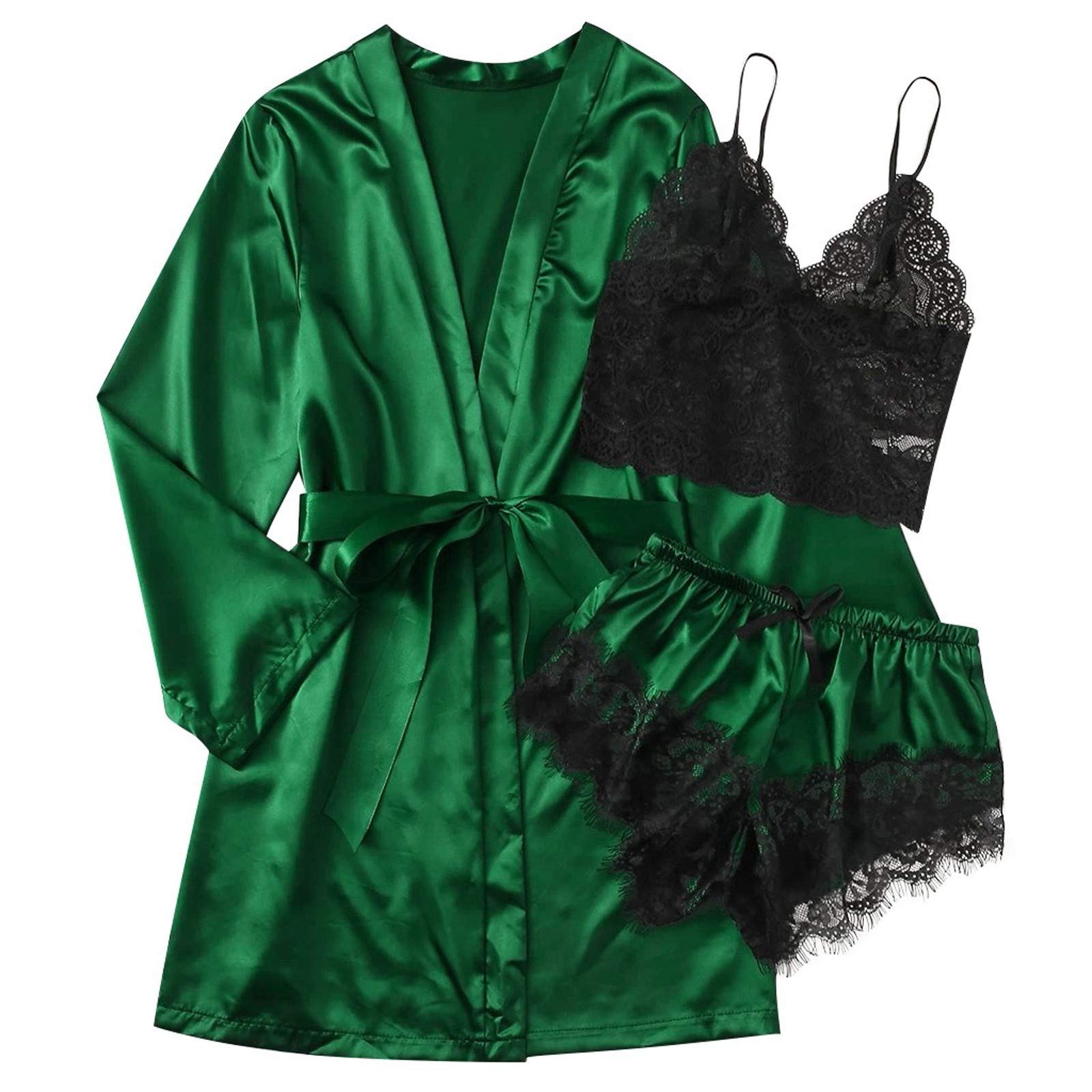 Sexy Women's 3-Piece Satin Lace Lingerie Set - Sleeveless Babydoll Nightgown with Matching Shorts & Robe | Comfortable Sleepwear, Loungewear for Valentine's Day, Honeymoon & Romantic Nights