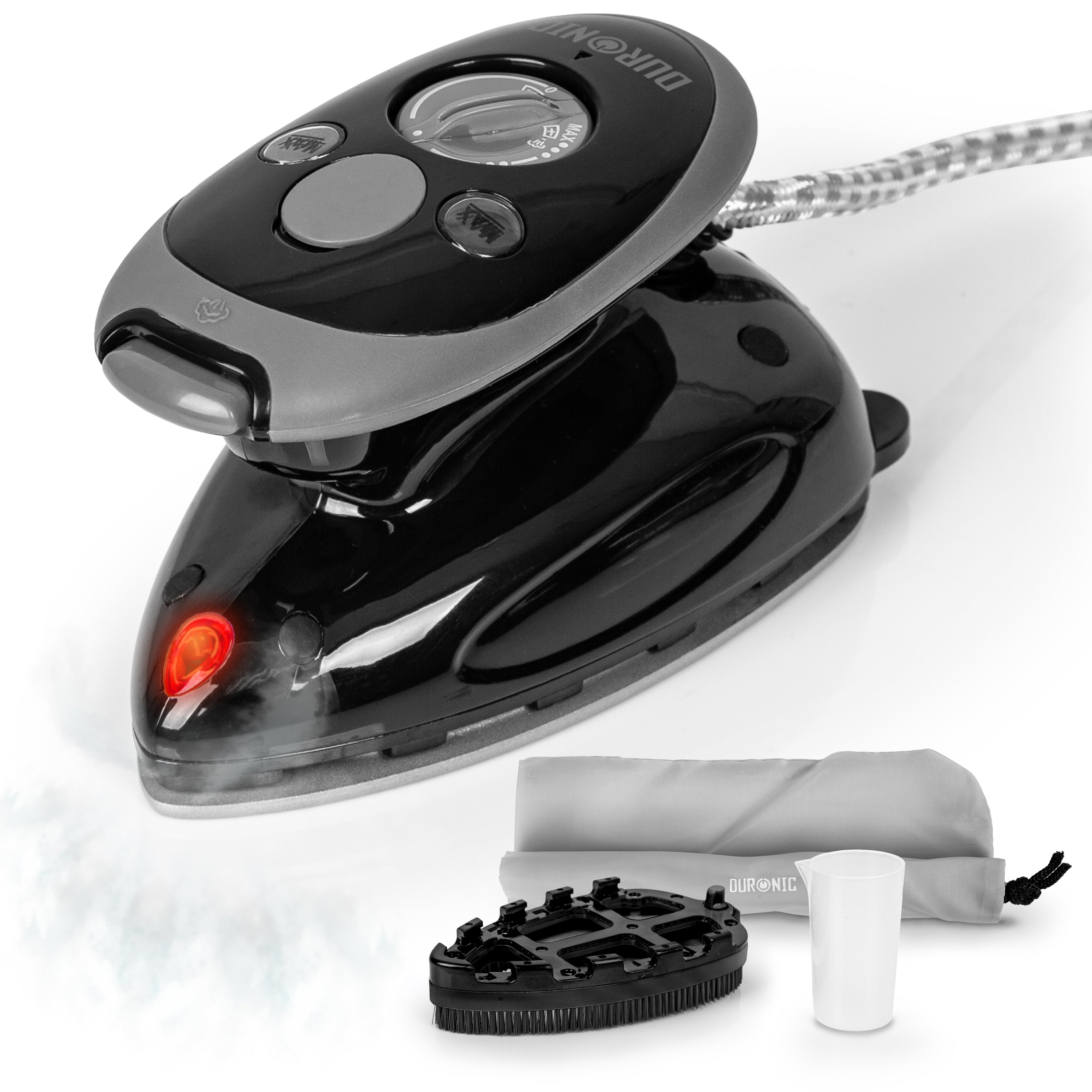 Duronic SI2 BK Mini Travel Iron - 375W Compact Steamer with 50ml Water Tank, Adjustable Heat Settings & Brush - Perfect for Quilting, Patchwork, Applique & Crafts - Ideal for Holidays, Business Trips & Home Use